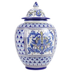 Blue Ceramic Potiche Centerpiece Vase Lid Majolica Hand Painted Deruta Italy