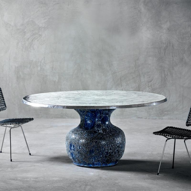 Italian Blue Ceramic Round Table For Sale