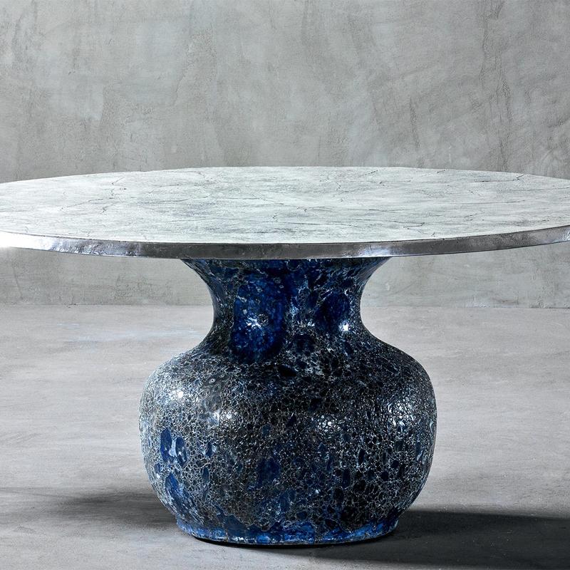 Cast Blue Ceramic Round Table For Sale