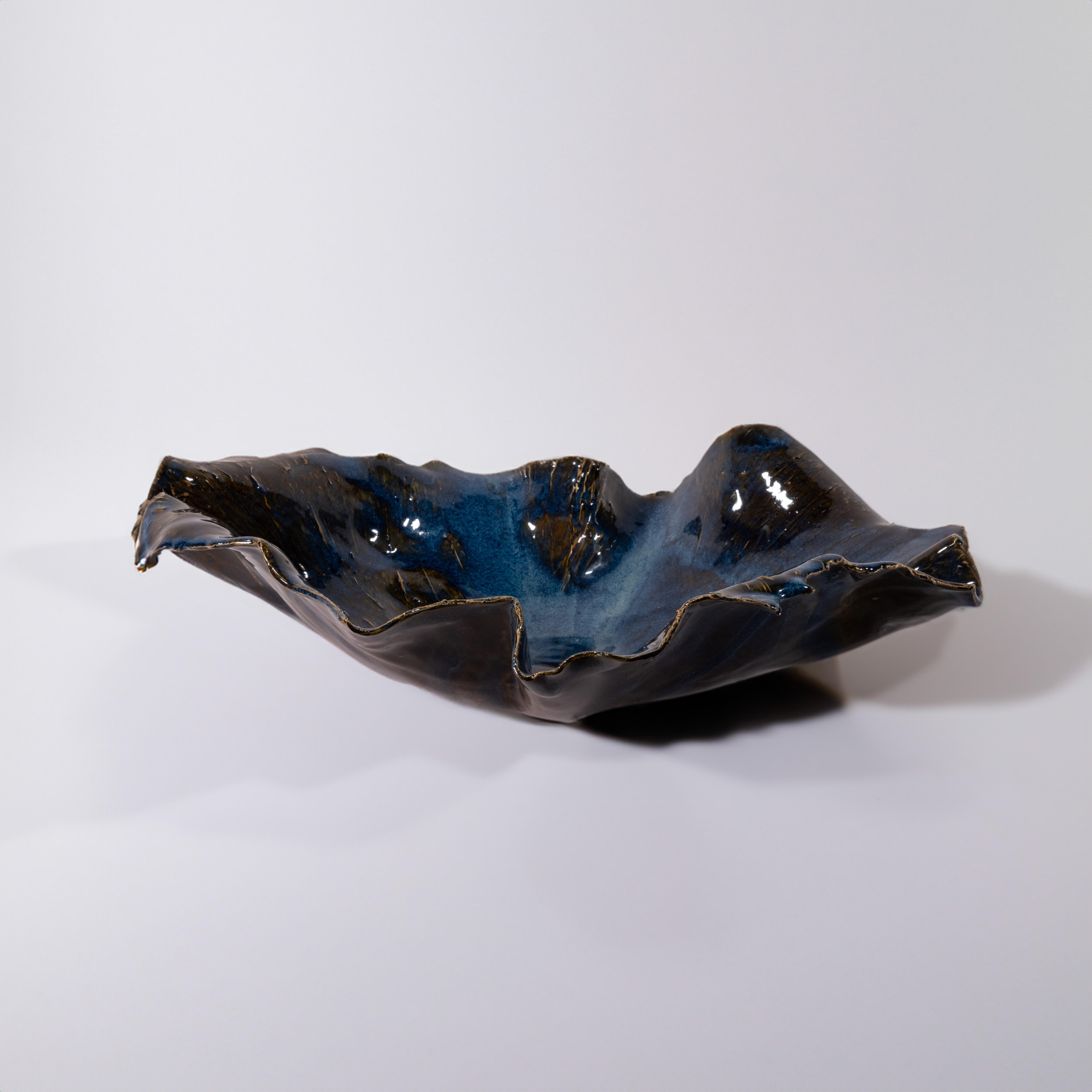 Glazed Blue Ceramic Serving Bowl For Sale
