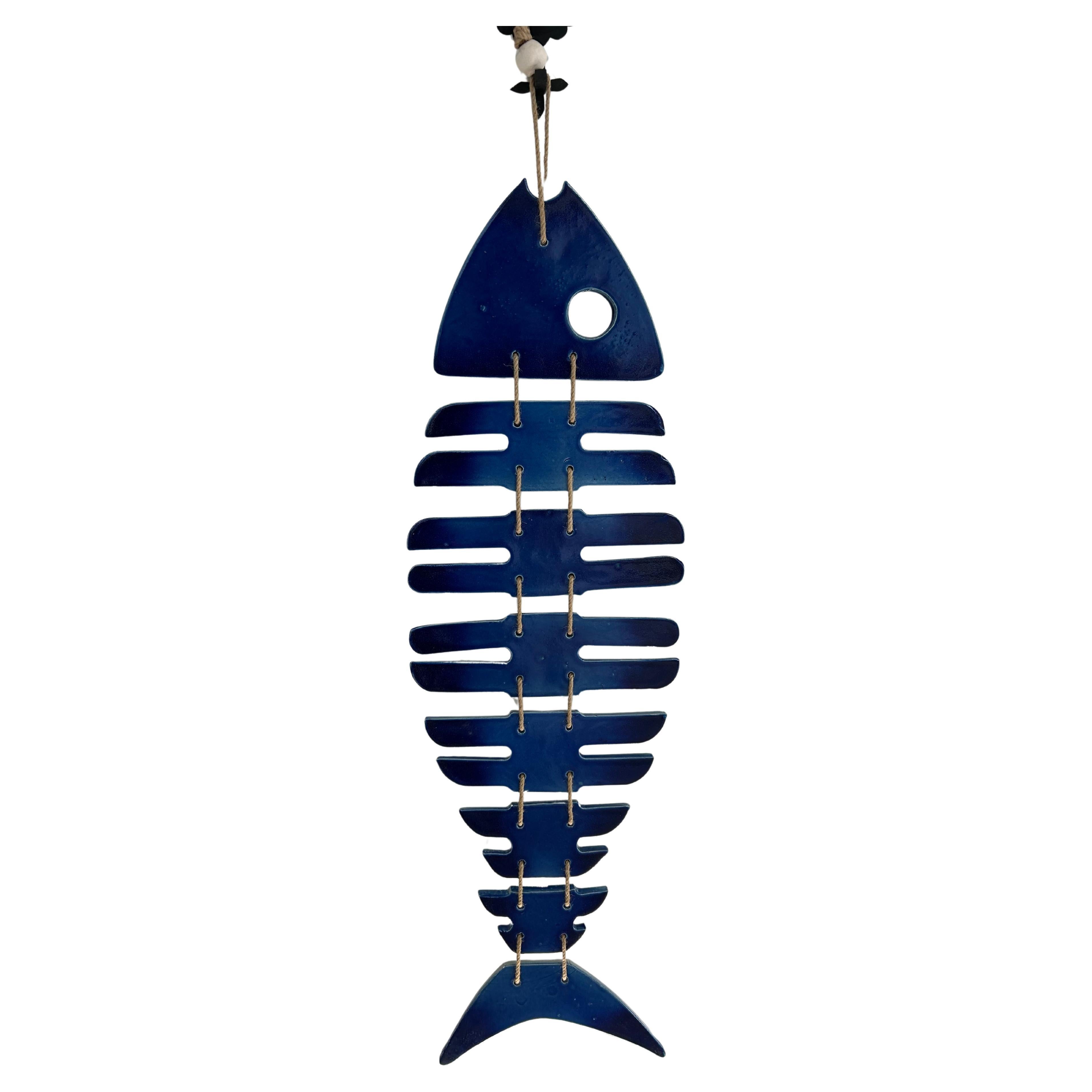 Poisson squelette en céramique bleue, 20e siècle