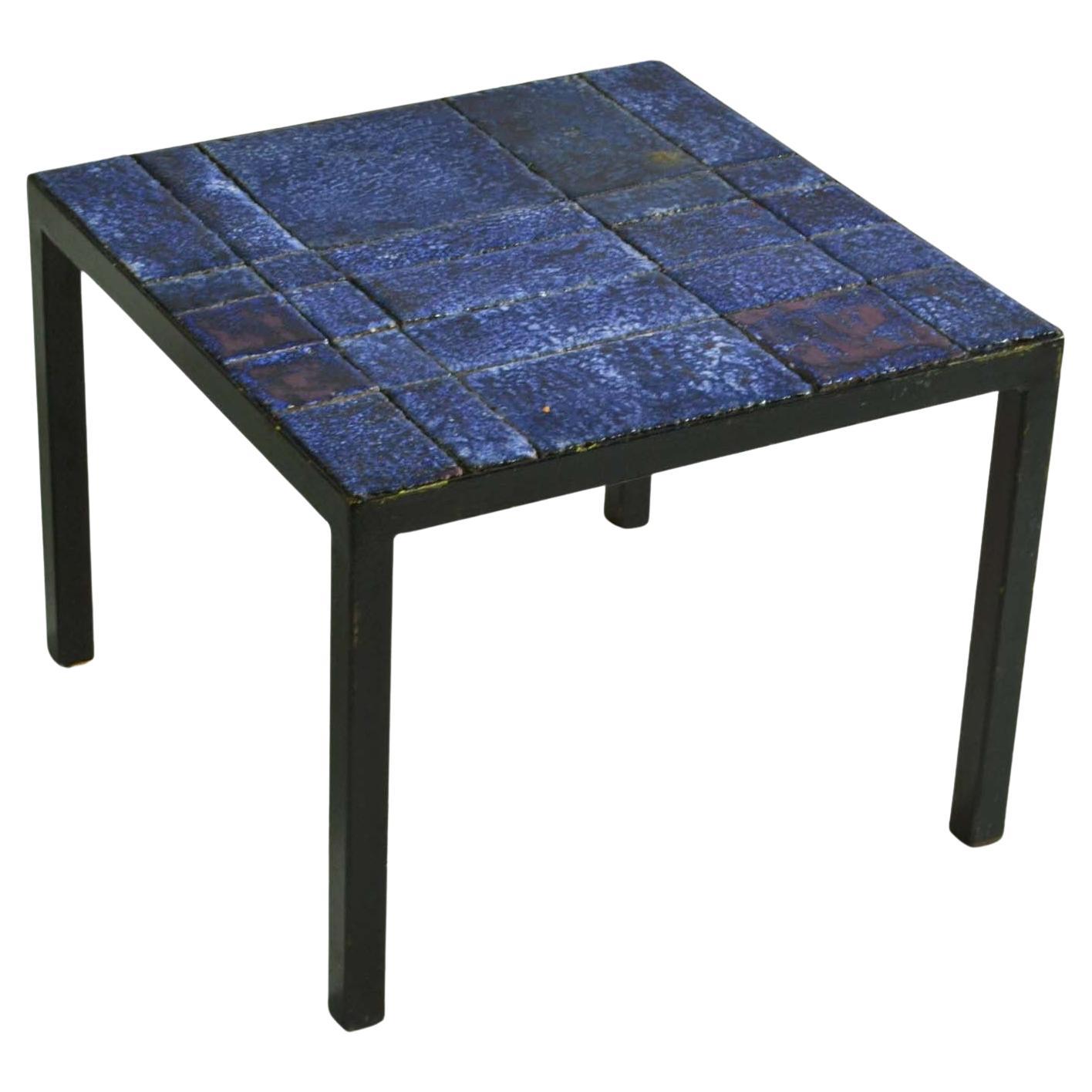 Blue Ceramic Square Italian Side Table on Black Metal Frame