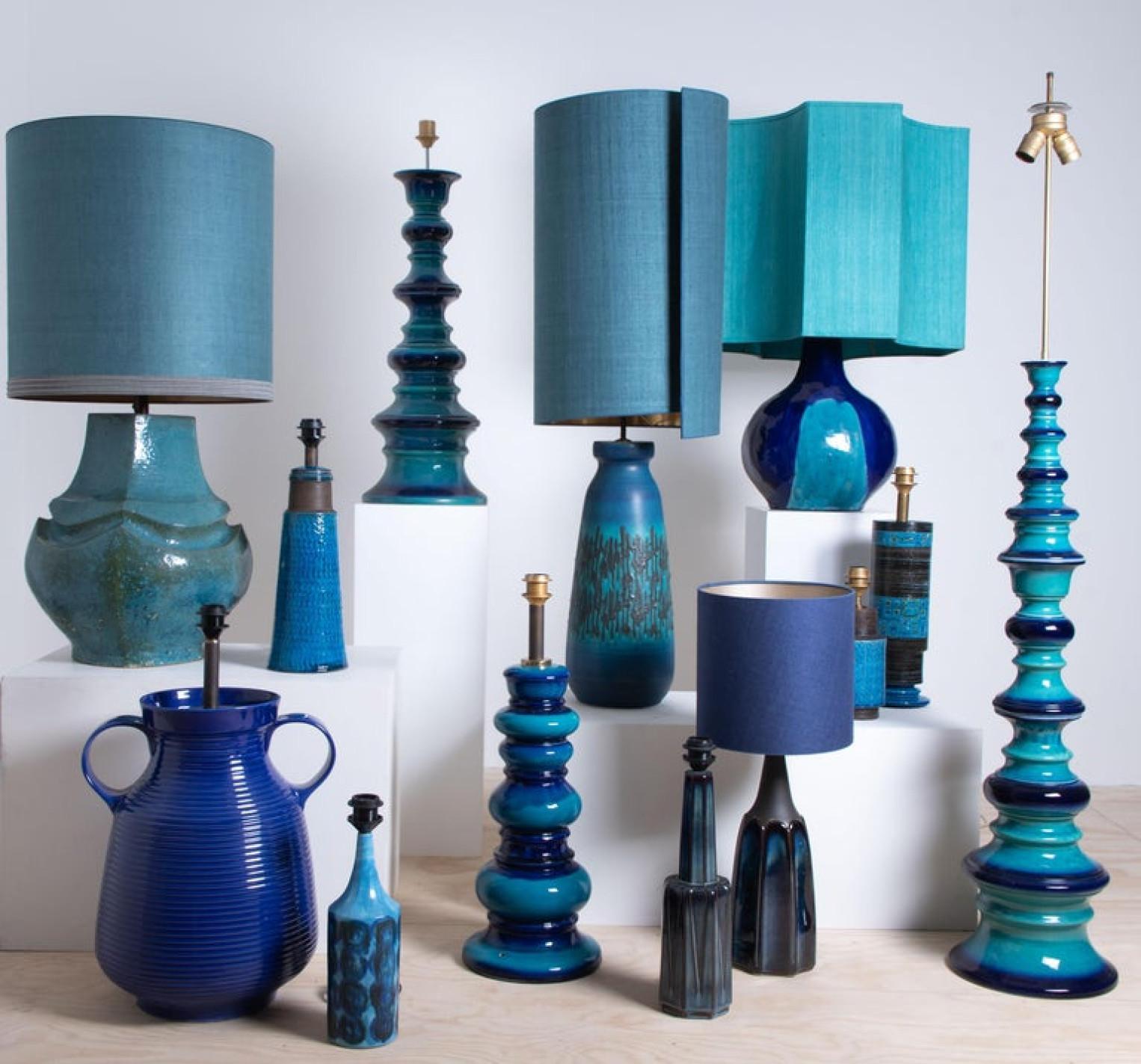 Blue Ceramic Table Lamp with New Custom Made Lampshade René Houben, 1960 For Sale 4