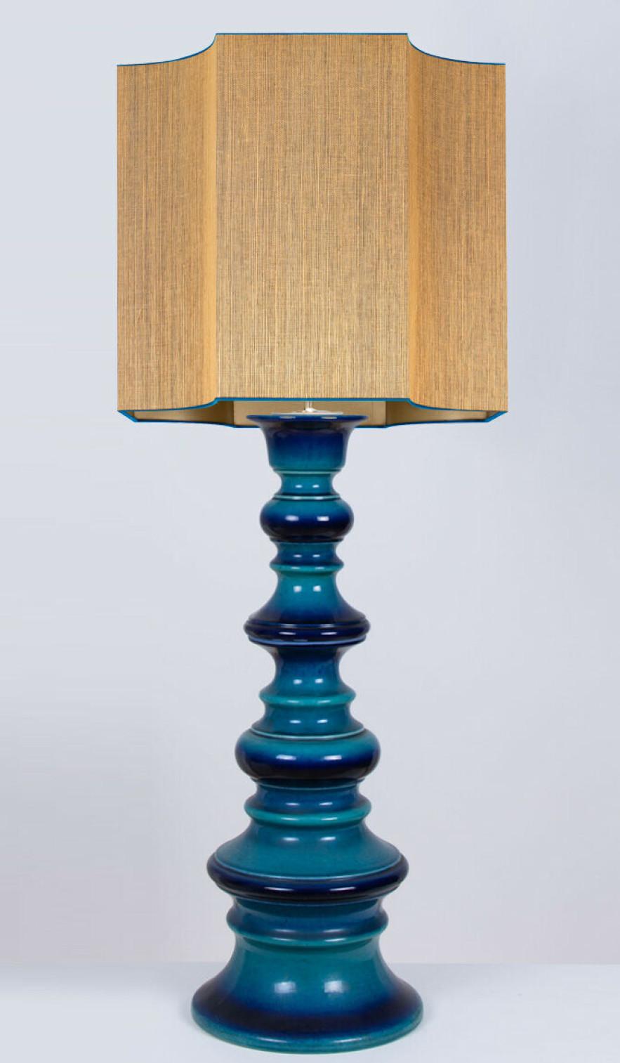 German Blue Ceramic Table Lamp with New Custom Made Lampshade René Houben, 1960 For Sale