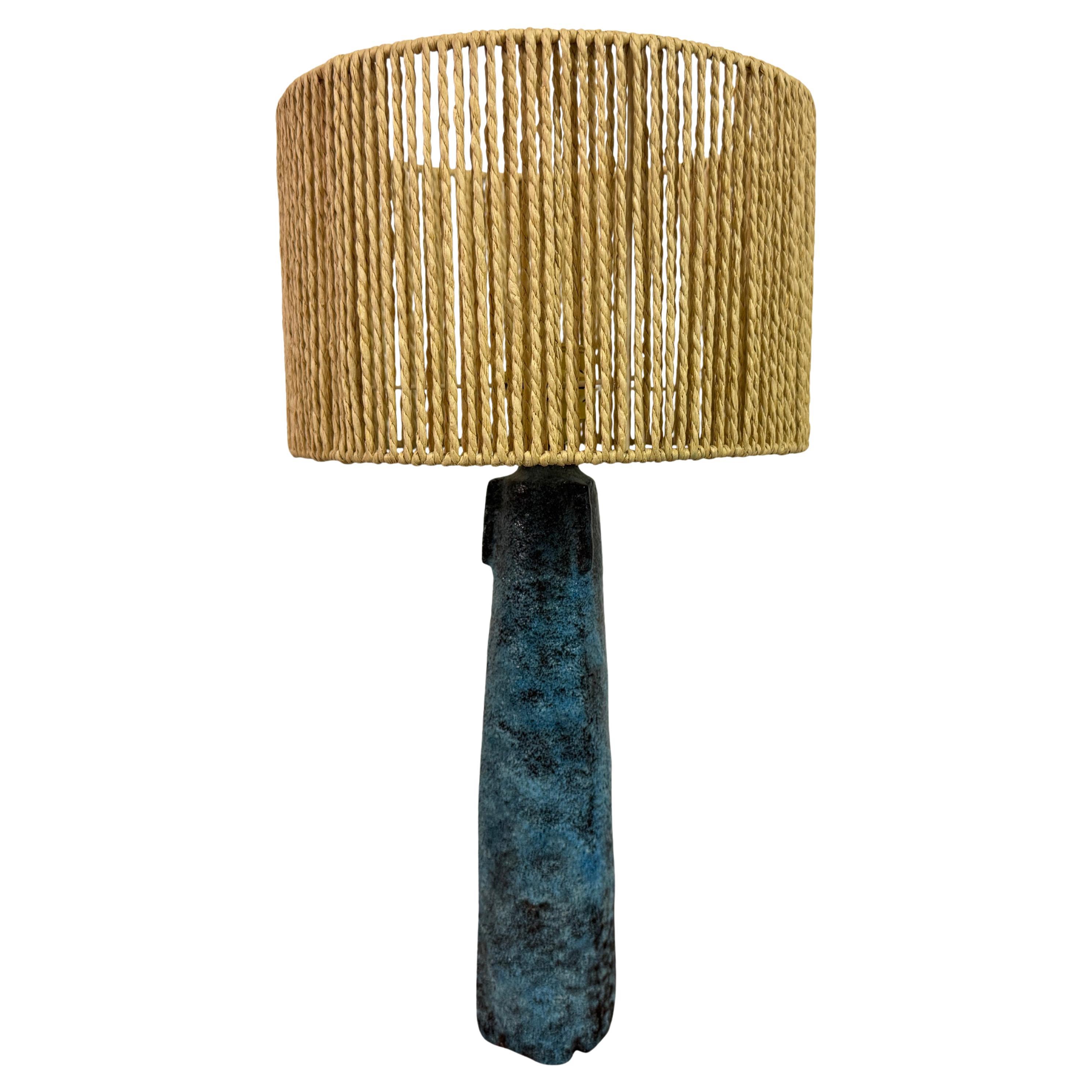 Blue Ceramic Table Lamp with Woven Shade, 1960s