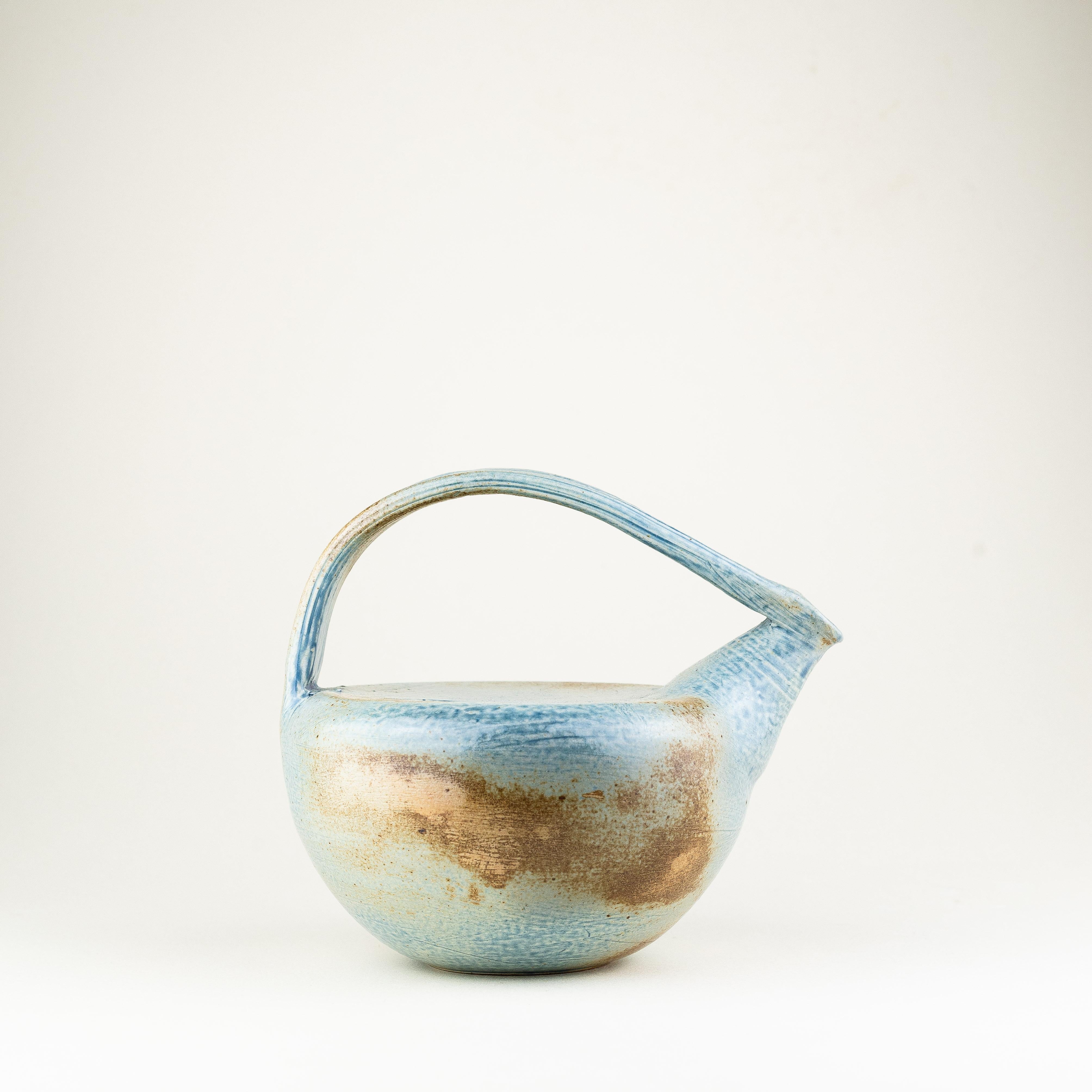 Enameled Blue Ceramic Tea Pot, Mid-Century Modern France For Sale