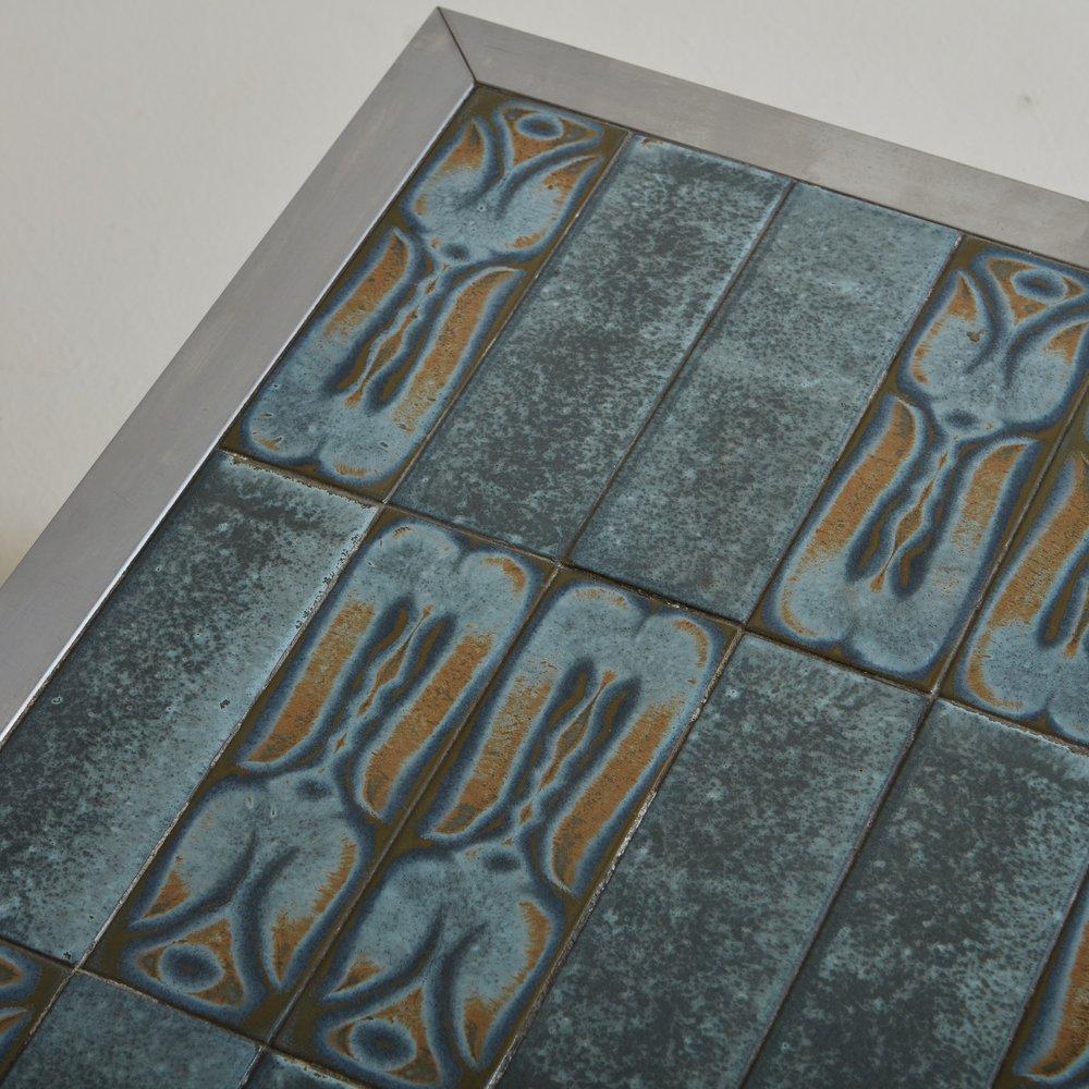 Mid-Century Modern Blue Ceramic Tile + Chrome Coffee Table, France, 20th Century