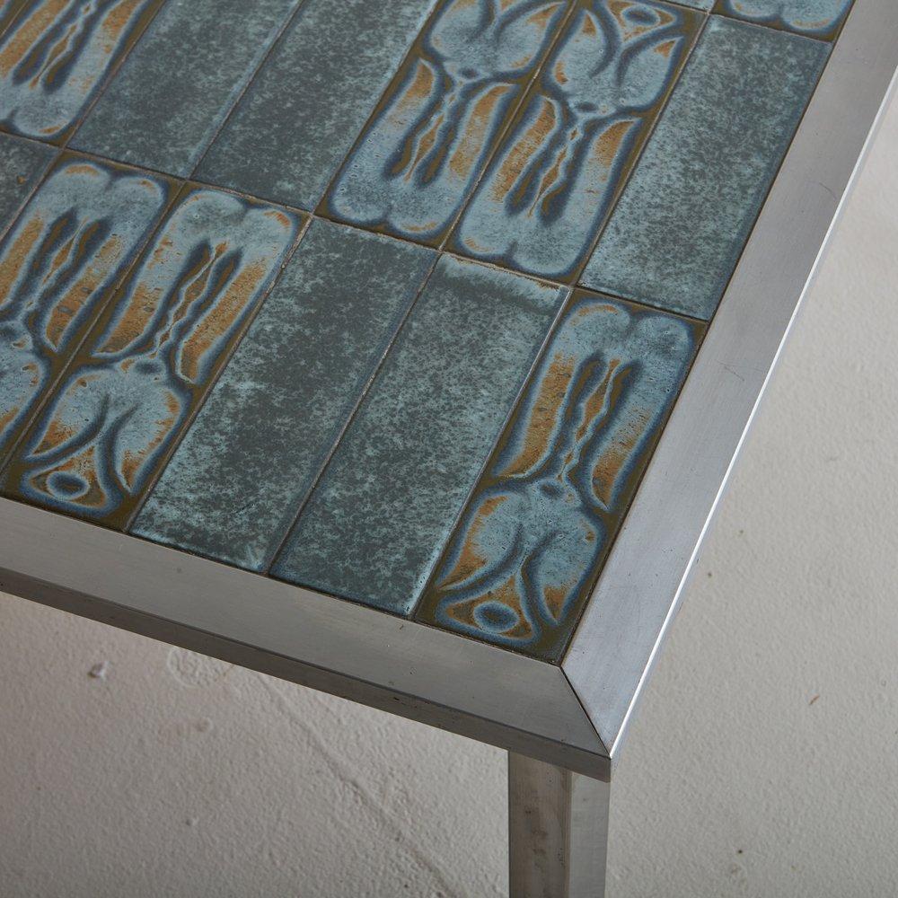 French Blue Ceramic Tile + Chrome Coffee Table, France, 20th Century