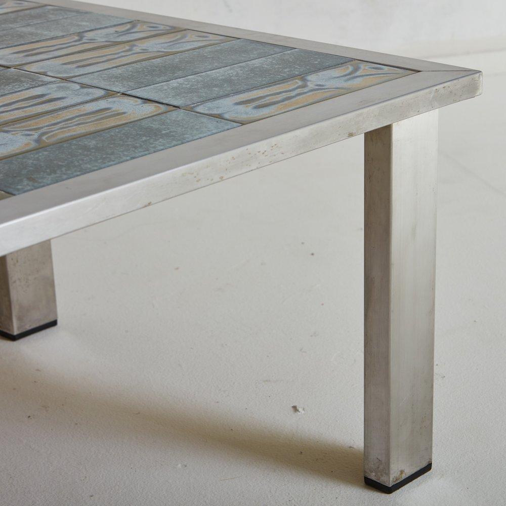 Blue Ceramic Tile + Chrome Coffee Table, France, 20th Century 1
