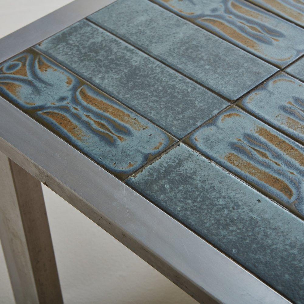 Blue Ceramic Tile + Chrome Coffee Table, France, 20th Century 4