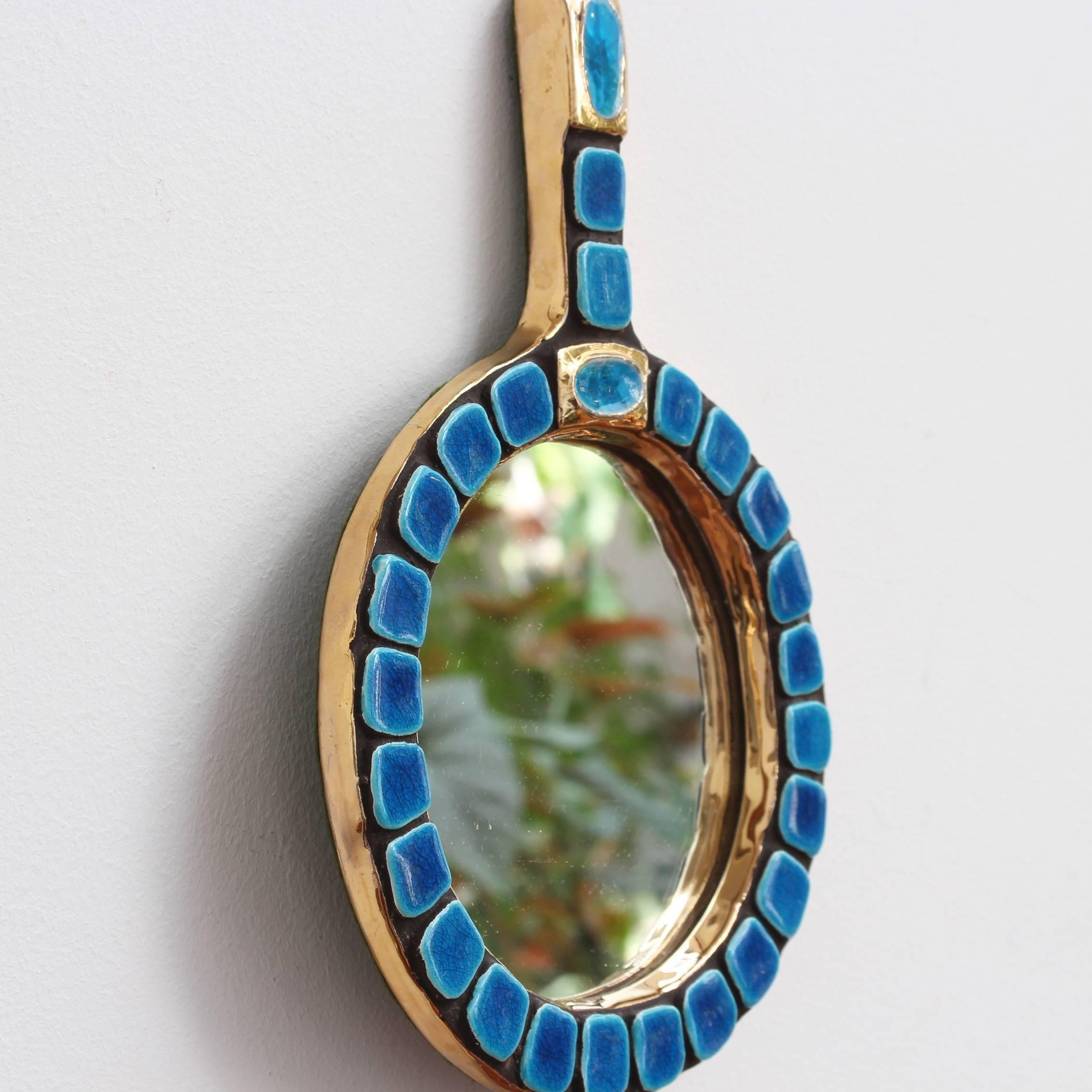 Blue Ceramic Tiled Hand Mirror by Mithé Espelt, circa 1970s In Good Condition In London, GB