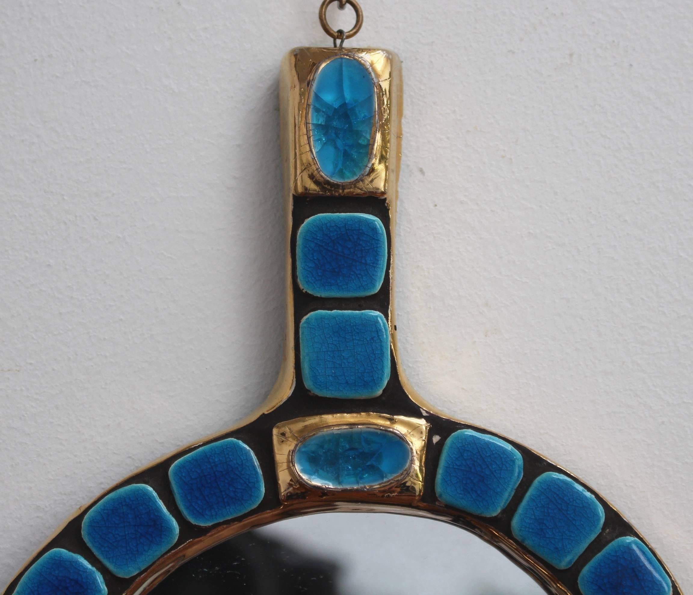 Late 20th Century Blue Ceramic Tiled Hand Mirror by Mithé Espelt, circa 1970s