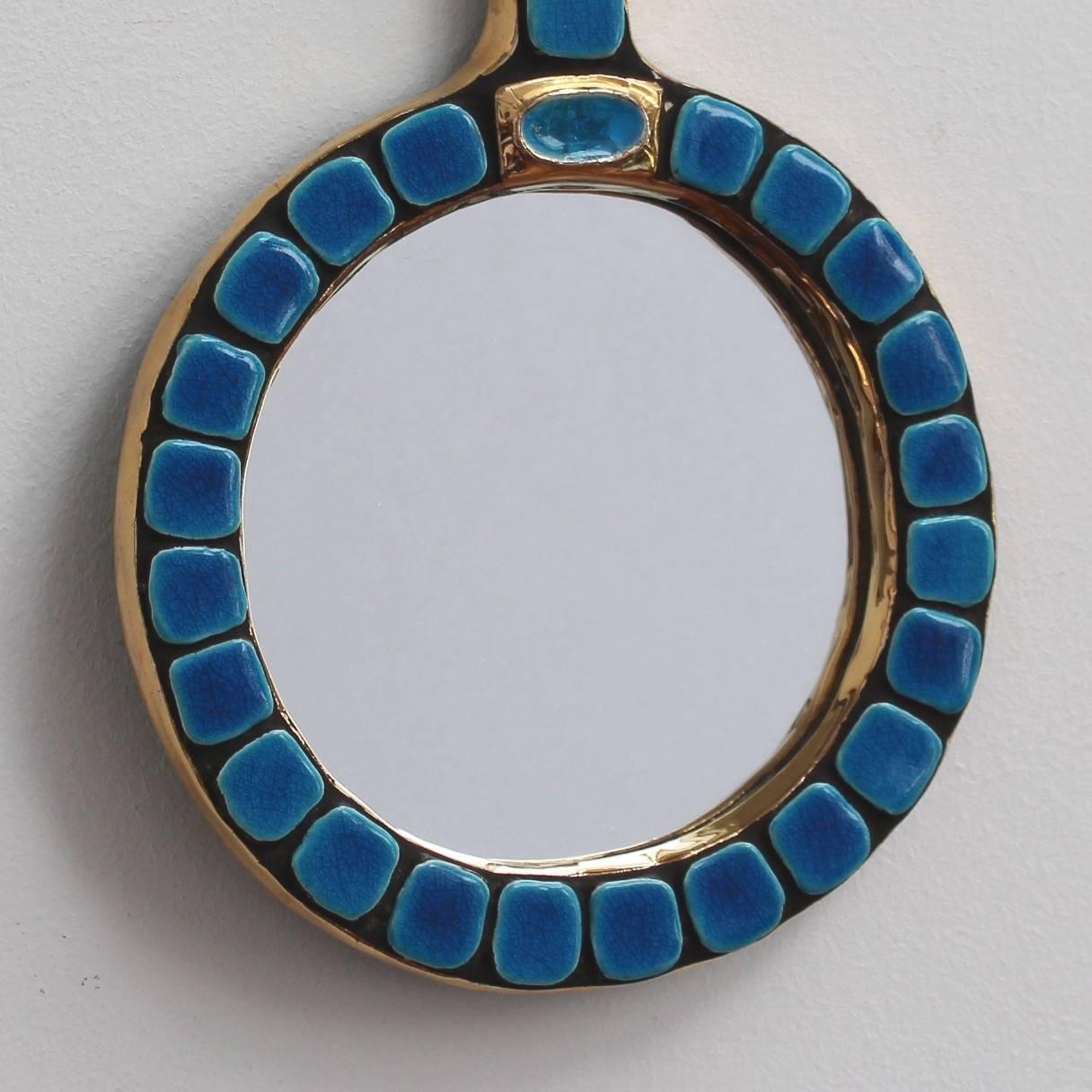 Blue Ceramic Tiled Hand Mirror by Mithé Espelt, circa 1970s 1