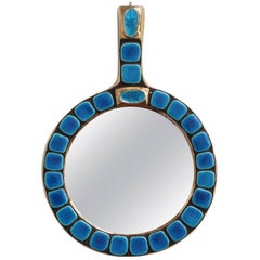 Blue Ceramic Tiled Hand Mirror by Mithé Espelt, circa 1970s