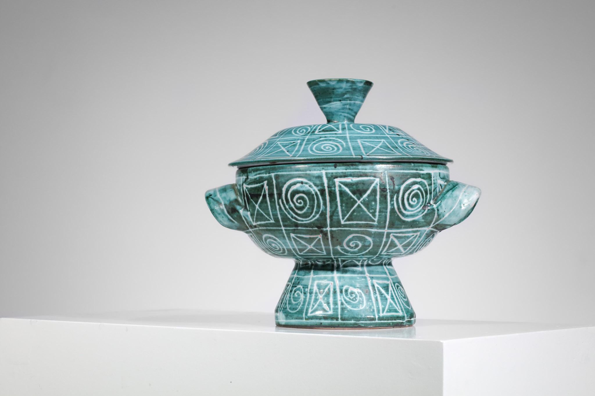 Mid-Century Modern Blue Ceramic Tureen from Robert Picault Vallauris F363