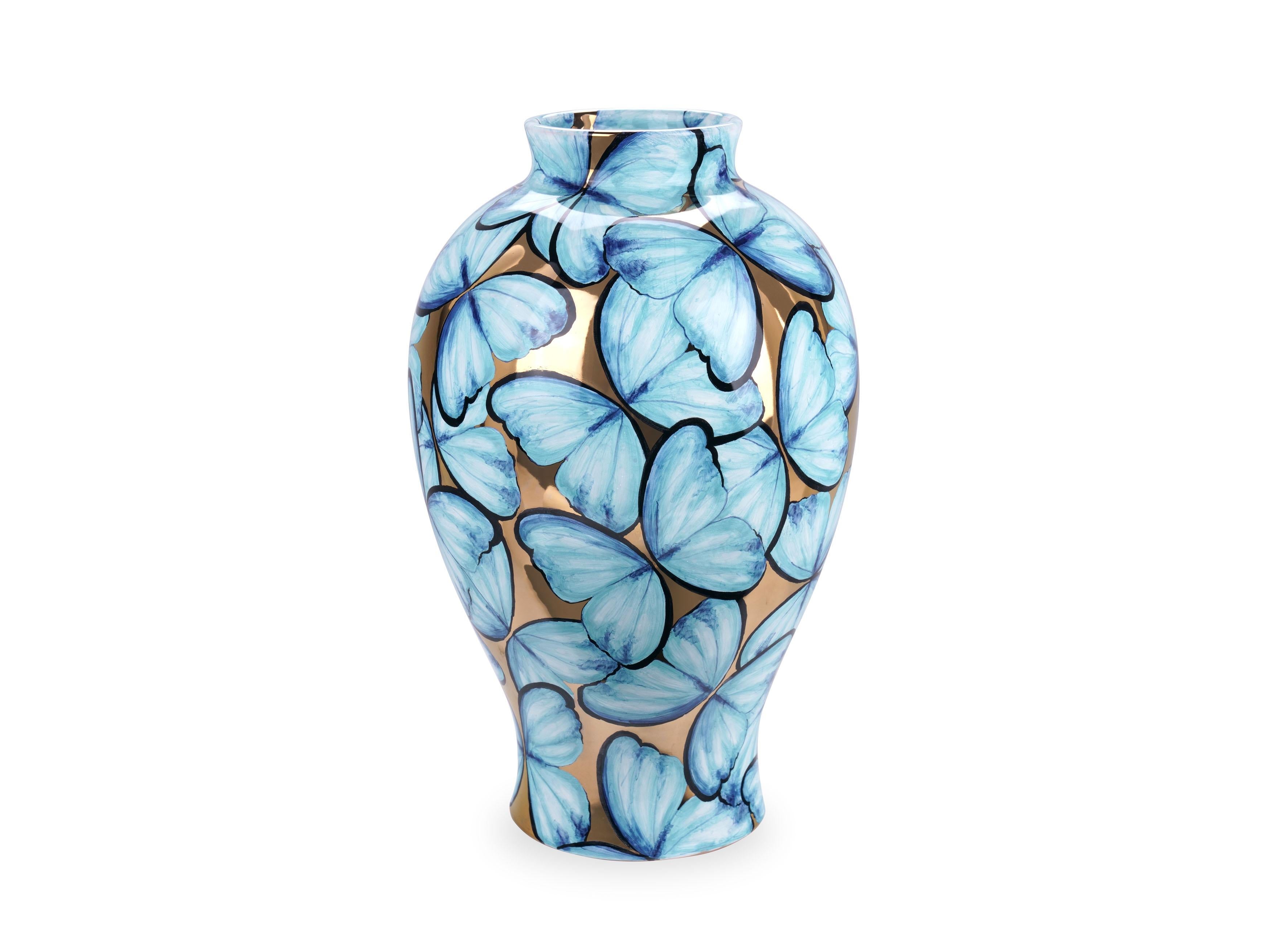 Italian Blue Ceramic Vase Butterflies 24 Kt Gold Luster Hand Painted Decorative Vessel For Sale