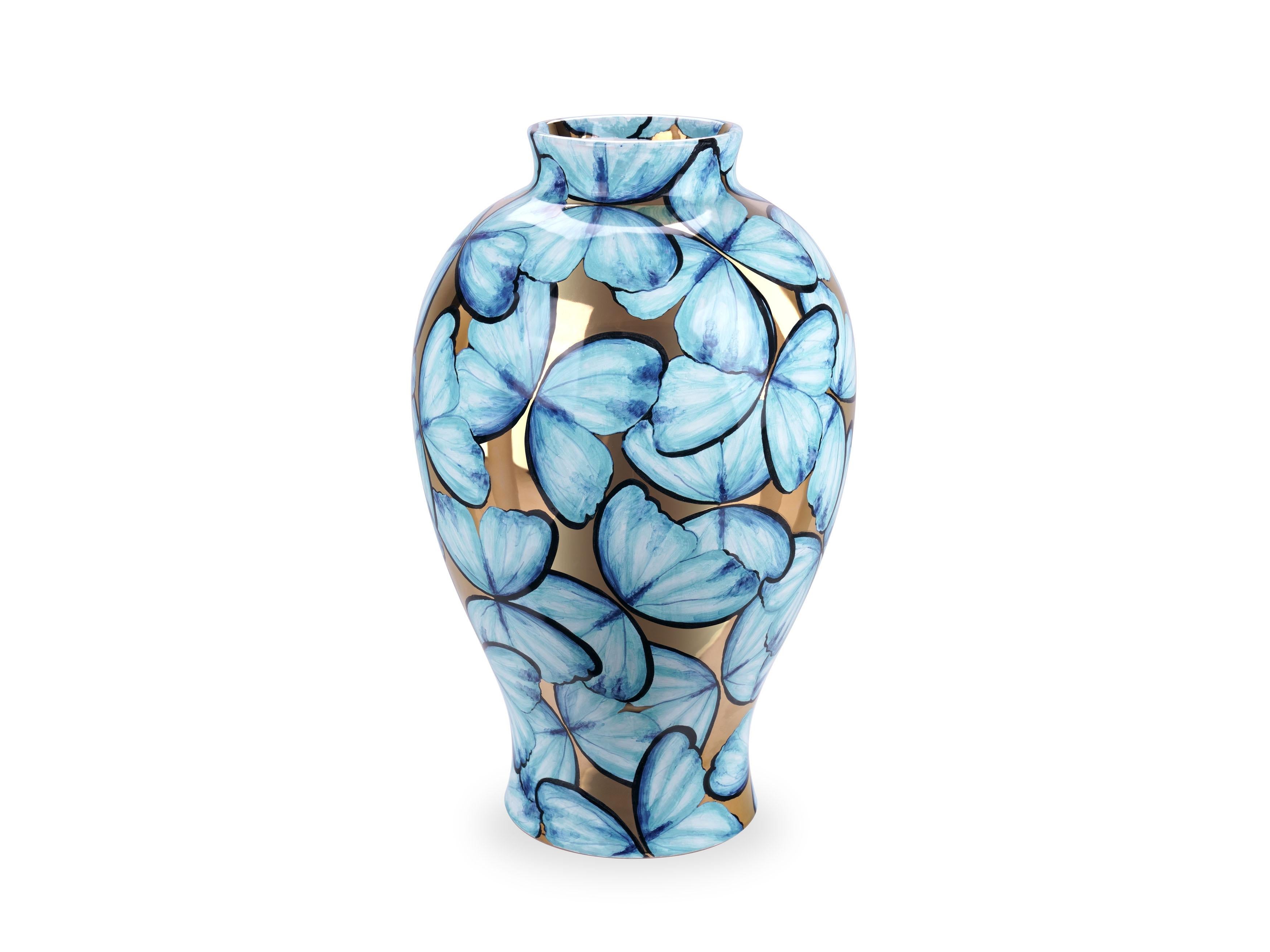 Hand-Carved Blue Ceramic Vase Butterflies 24 Kt Gold Luster Hand Painted Decorative Vessel For Sale