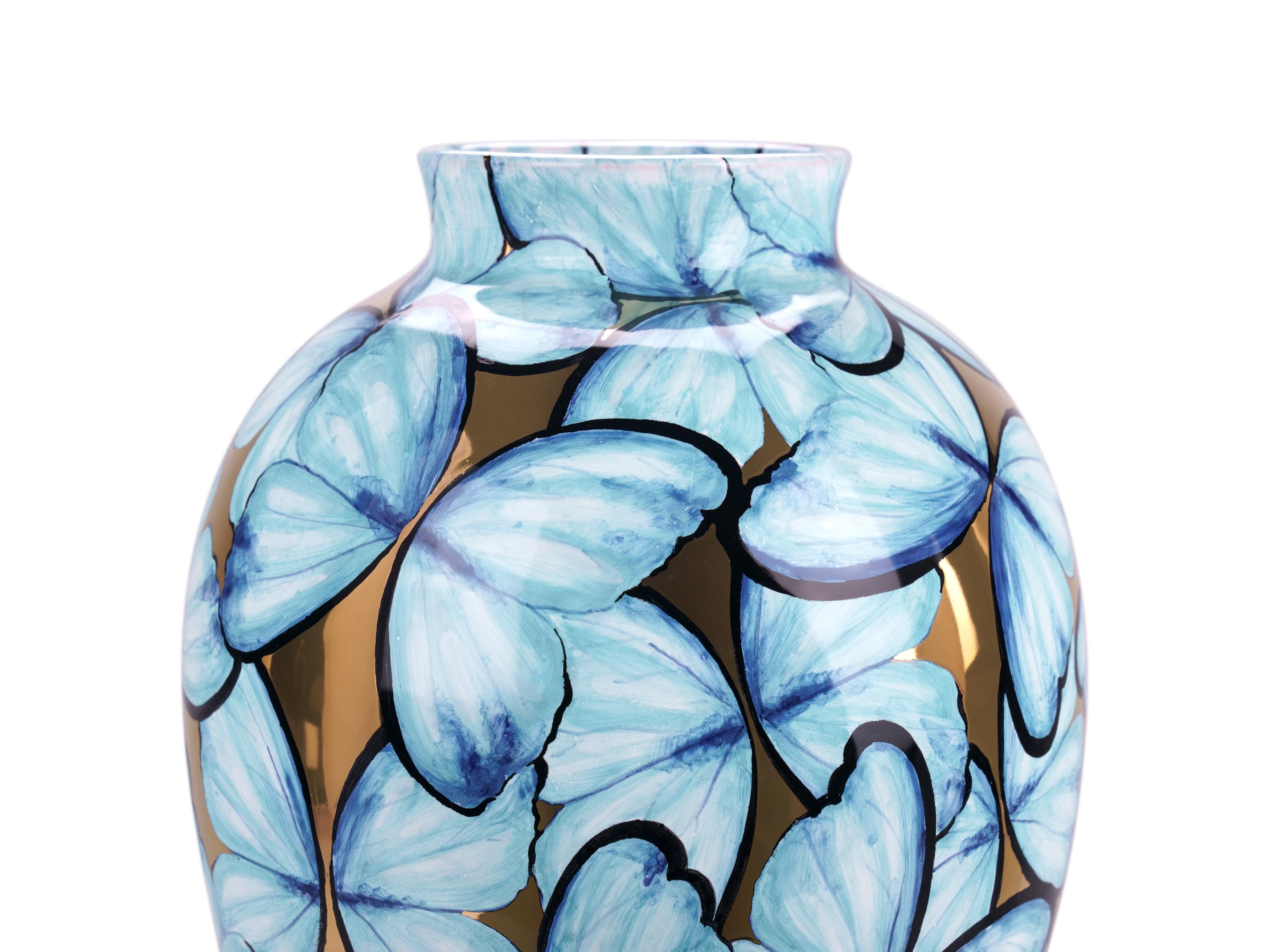 Contemporary Blue Ceramic Vase Butterflies 24 Kt Gold Luster Hand Painted Decorative Vessel For Sale