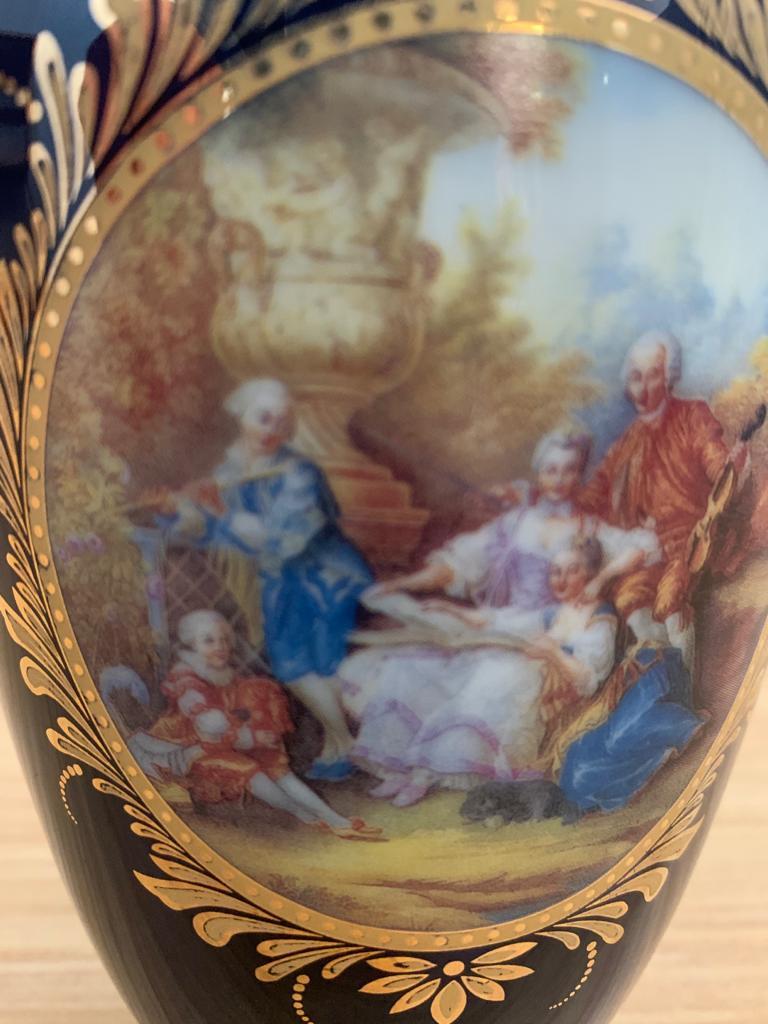 Gold Plate Blue ceramic vase with Napoleon III decoration, late 19th century For Sale