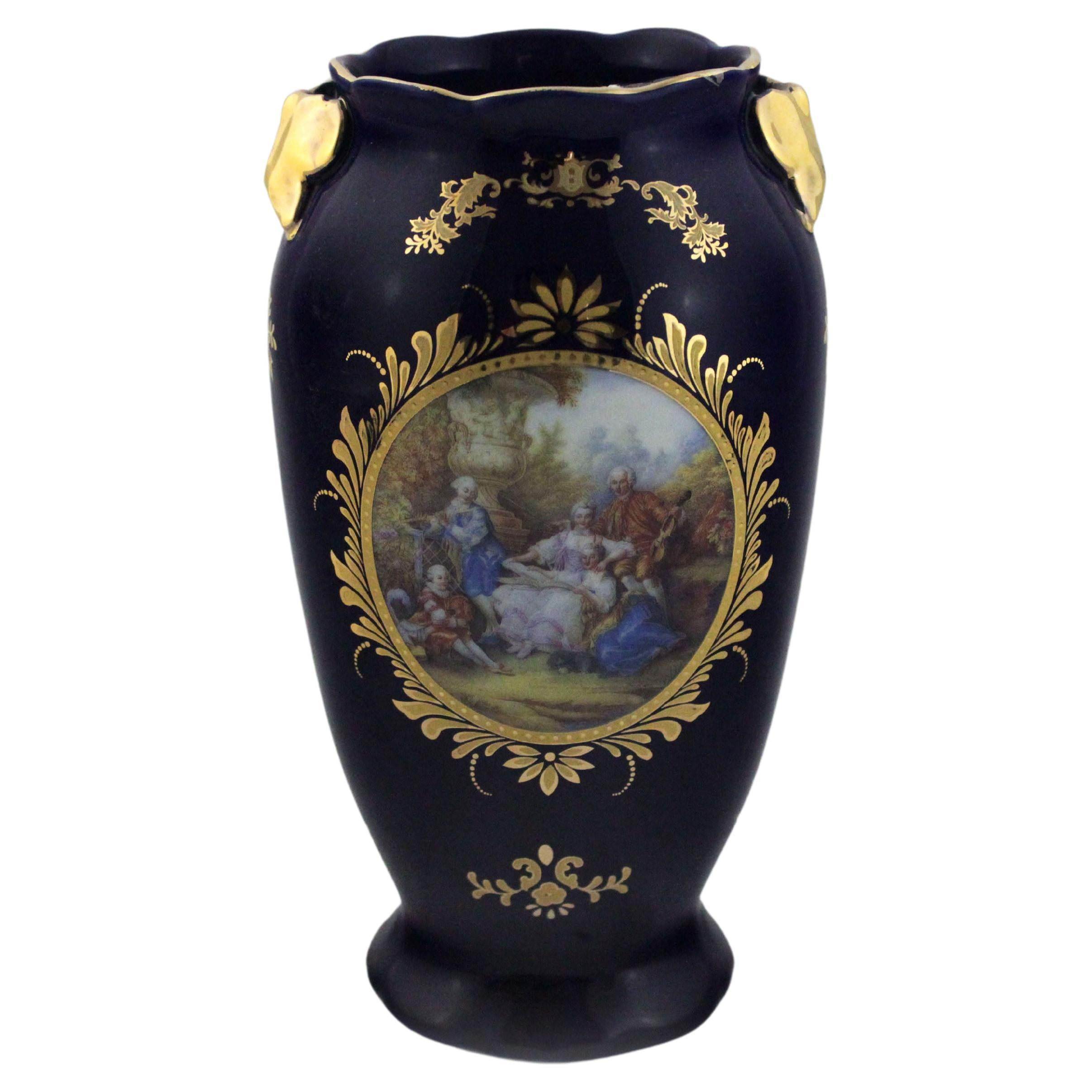 Blaue Keramikvase mit Napoleon III.-Dekoration, spätes 19. Jahrhundert
