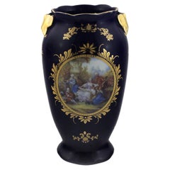 Antique Blue ceramic vase with Napoleon III decoration, late 19th century