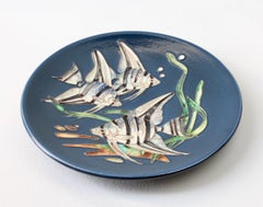 Blue Ceramic Wall Plate or Dish with Fish by Karlsruher Majolika, circa 1960s