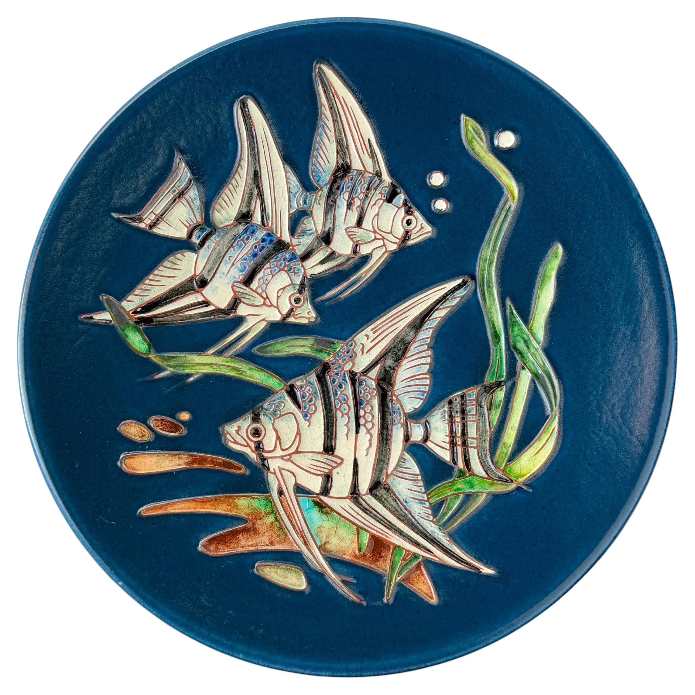 Blue Ceramic Wall Plate or Dish with Fish by Karlsruher Majolika, circa 1960s For Sale