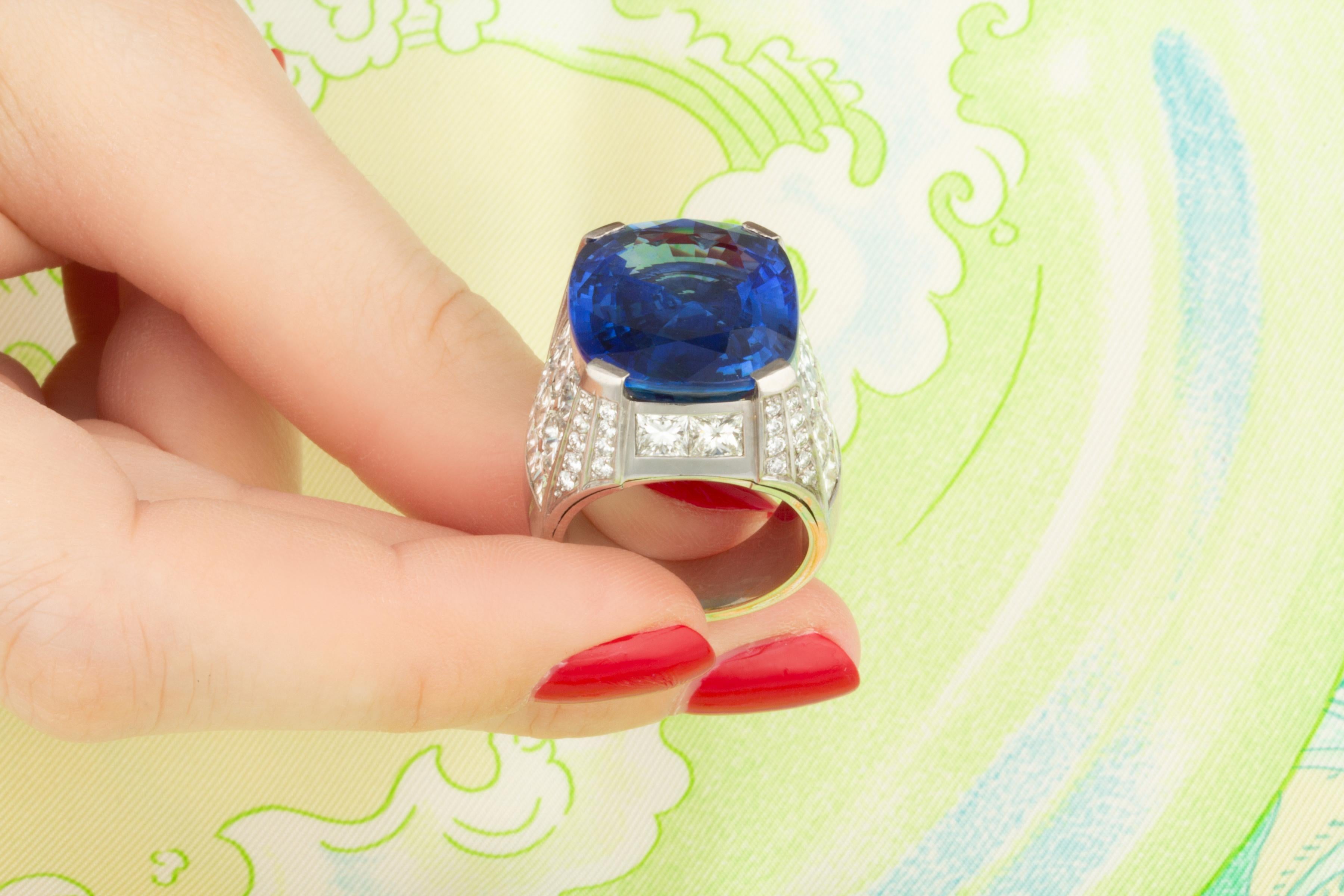 Oval Cut Blue Ceylon Sapphire Ring 30 Carats GIA Diamond Cocktail Design by Ella Gafter For Sale