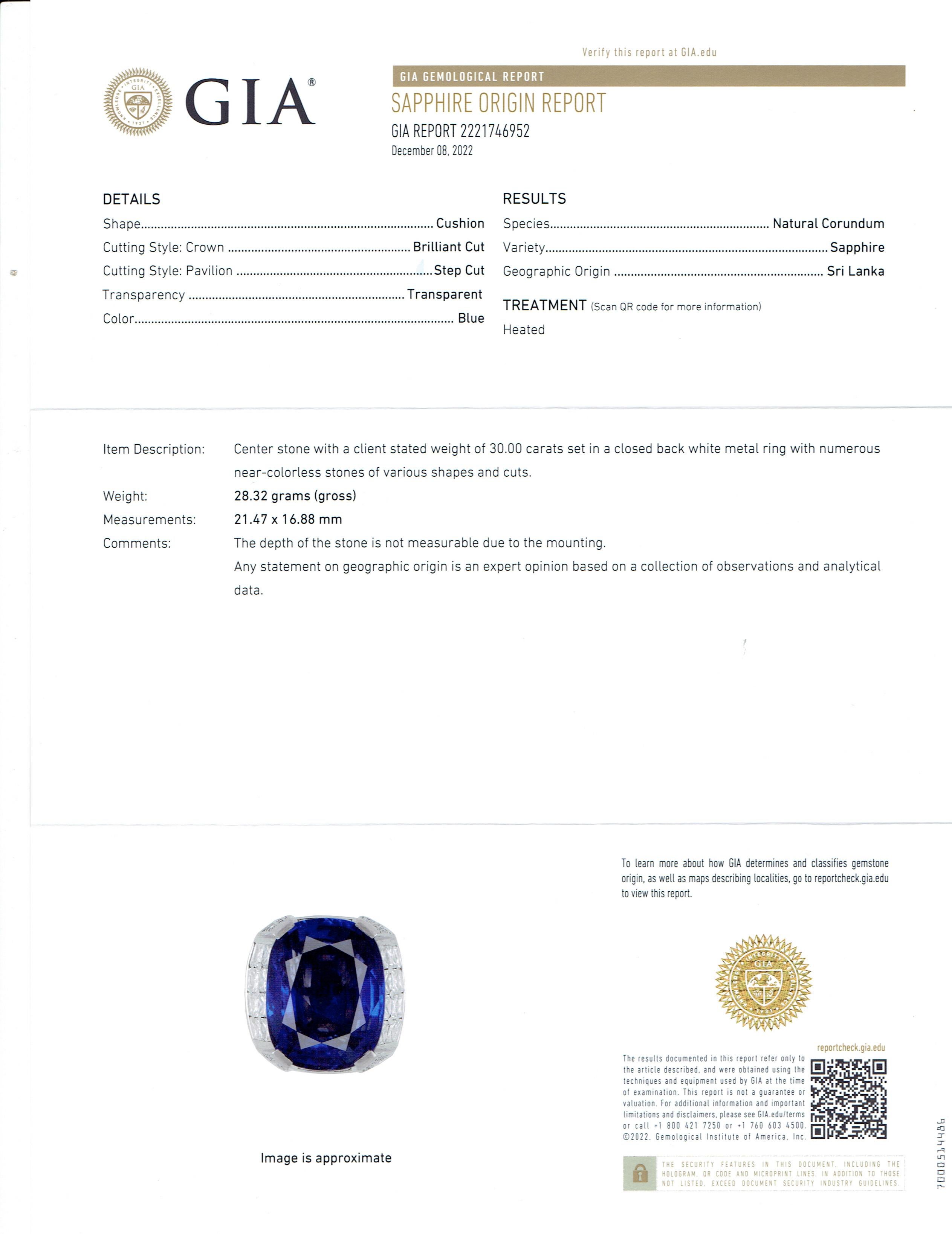 Women's or Men's Blue Ceylon Sapphire Ring 30 Carats GIA Diamond Cocktail Design by Ella Gafter For Sale