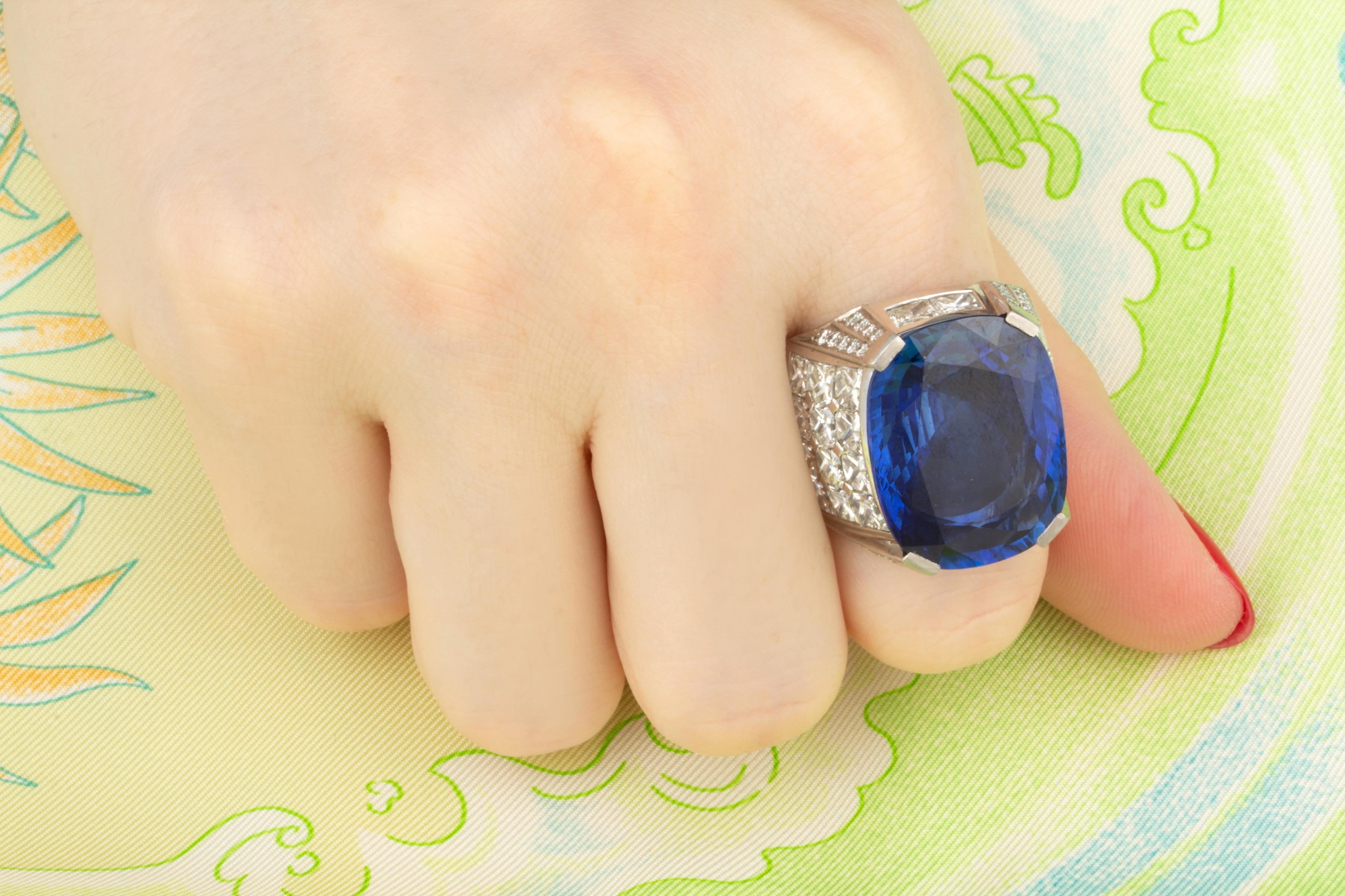 Blue Ceylon Sapphire Ring 30 Carats GIA Diamond Cocktail Design by Ella Gafter For Sale 2