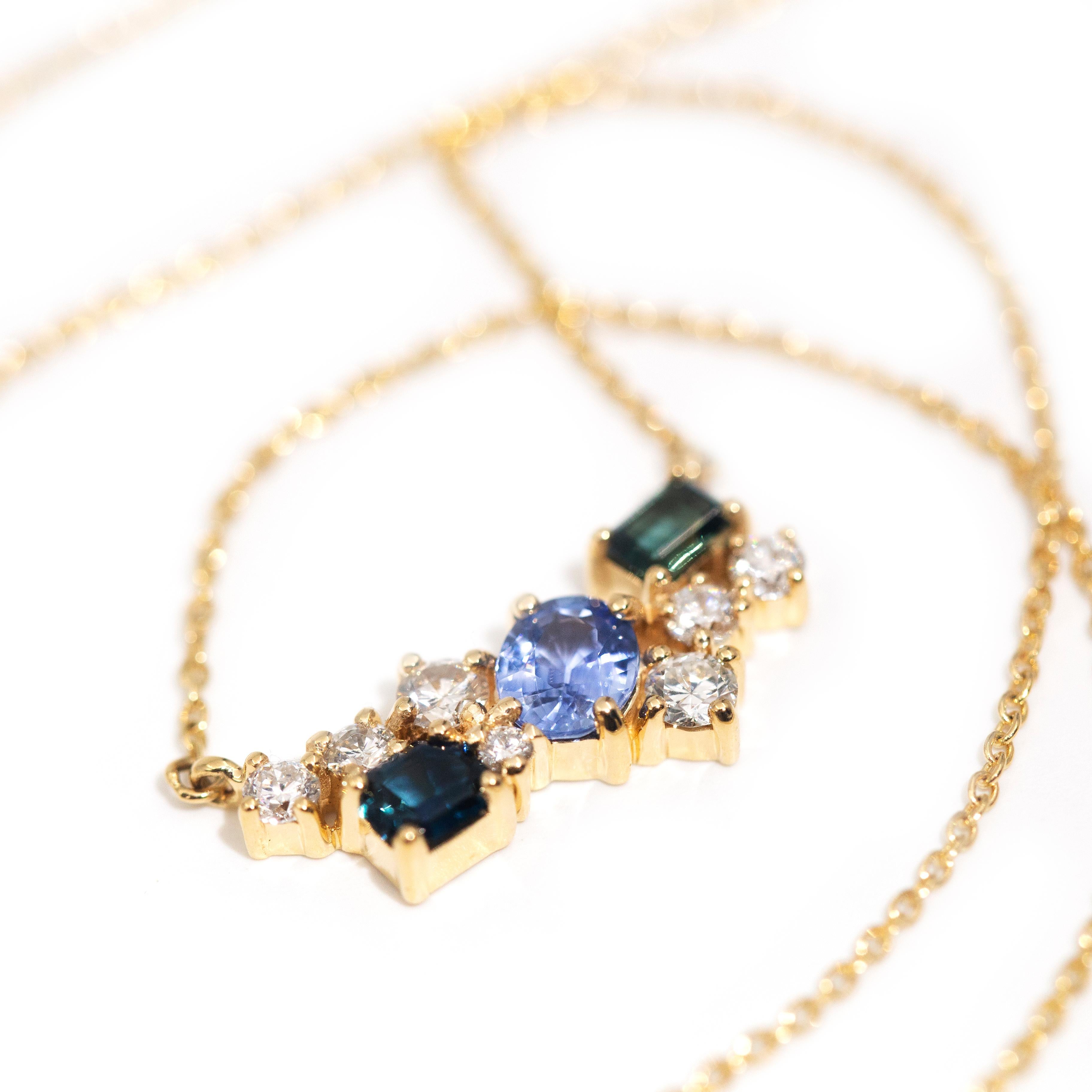 Blue Ceylon Sapphire and Diamond Contemporary 18 Carat Yellow Gold Necklet In New Condition In Hamilton, AU