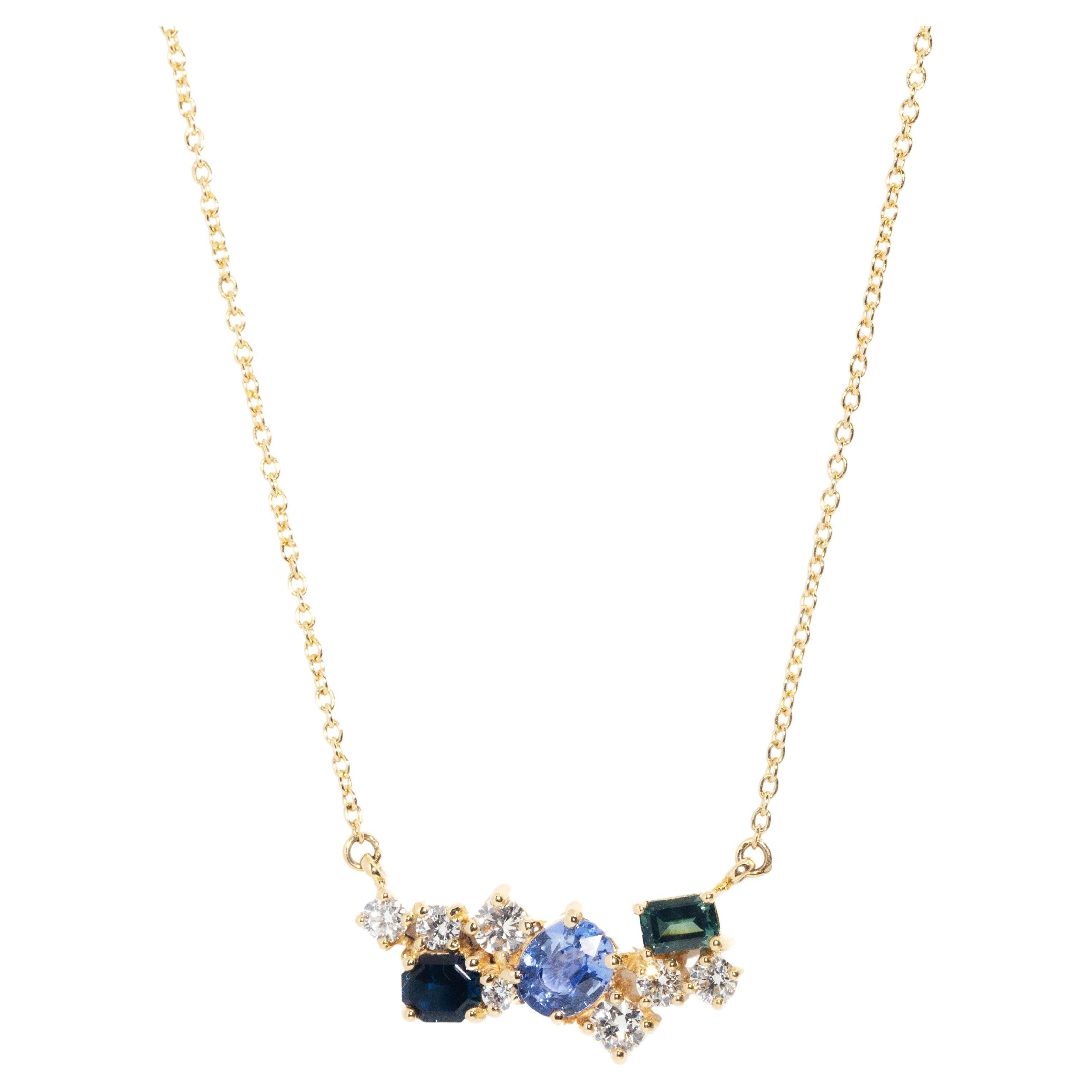Blue Ceylon Sapphire and Diamond Contemporary 18 Carat Yellow Gold Necklet