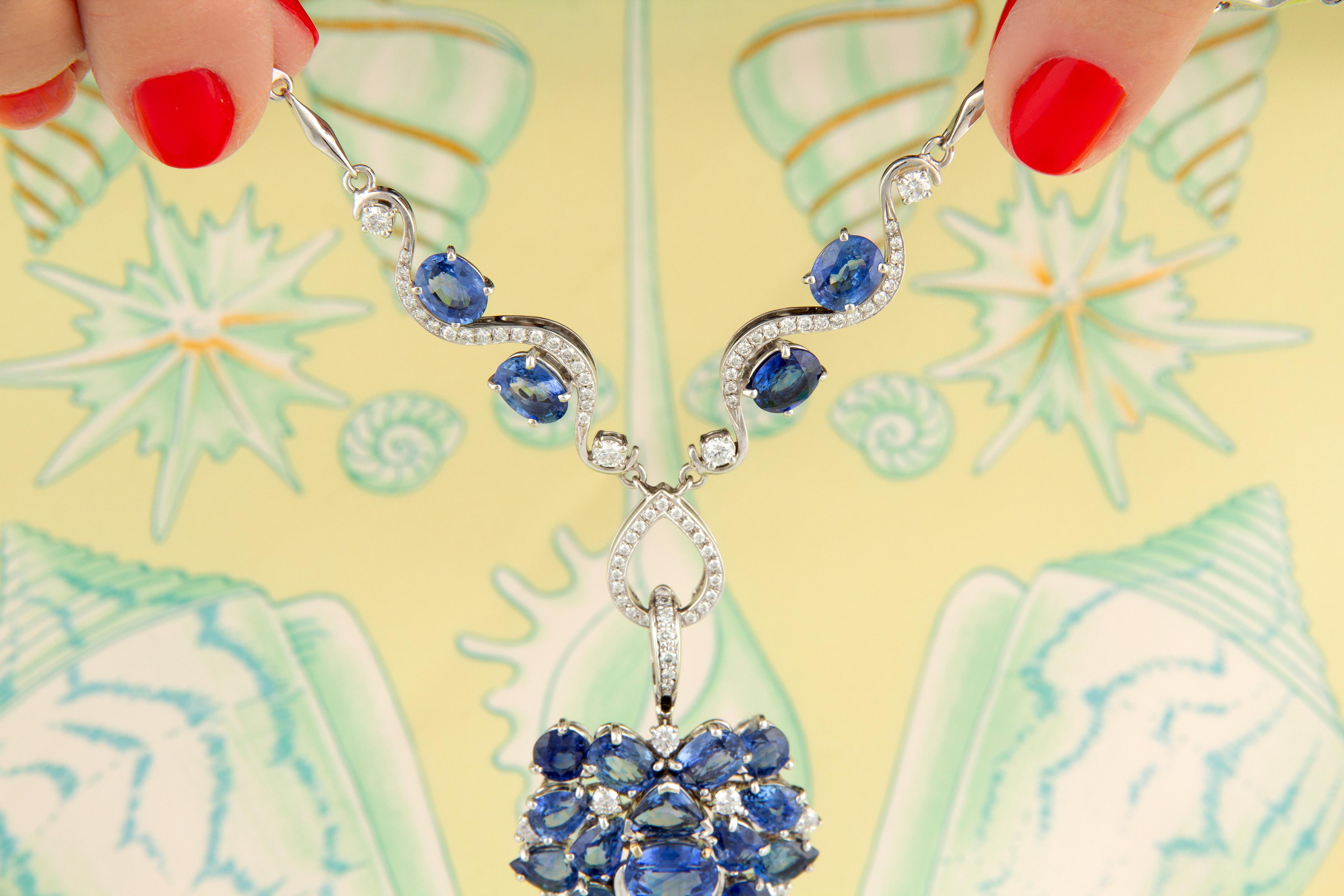 Artist Blue Ceylon Sapphire Diamond South Sea Pearl Pendant Necklace by Ella Gafter For Sale