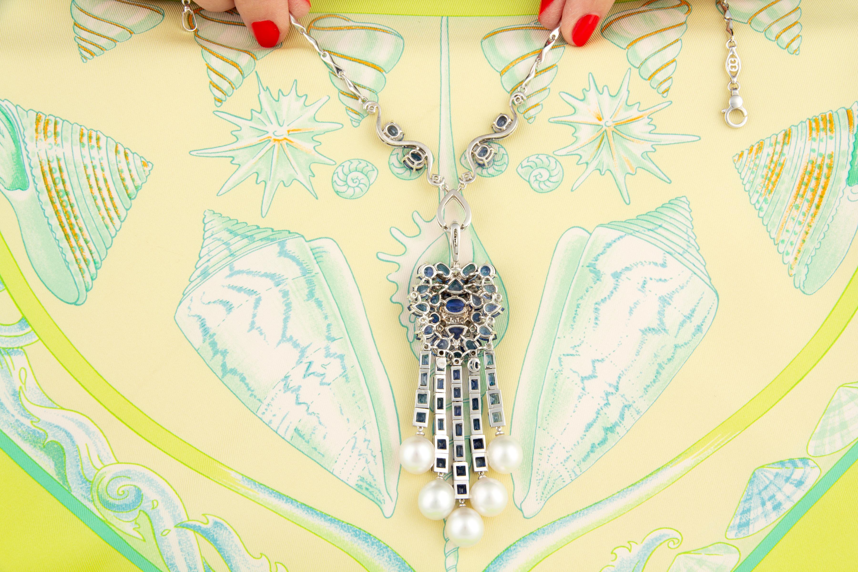 Brilliant Cut Blue Ceylon Sapphire Diamond South Sea Pearl Pendant Necklace by Ella Gafter For Sale