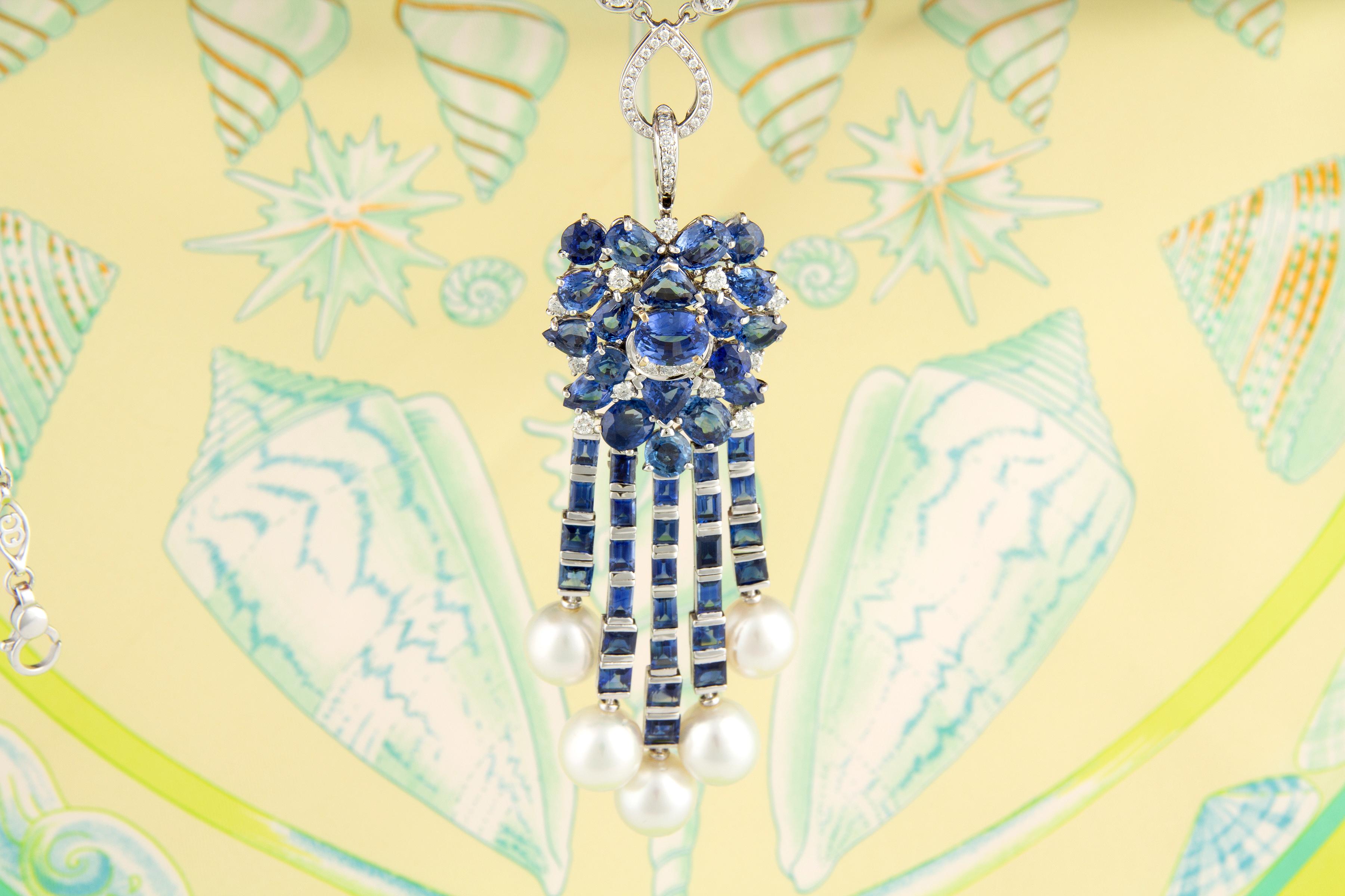Blue Ceylon Sapphire Diamond South Sea Pearl Pendant Necklace by Ella Gafter In New Condition For Sale In New York, NY