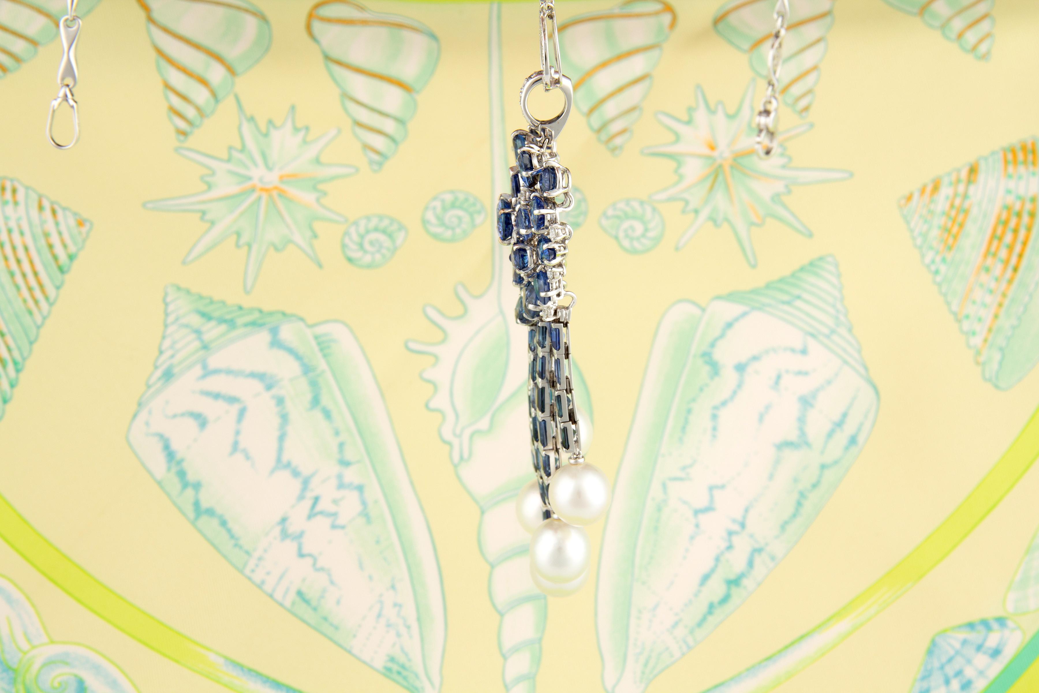 Blue Ceylon Sapphire Diamond South Sea Pearl Pendant Necklace by Ella Gafter For Sale 1