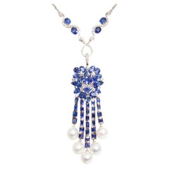 Ella Gafter Collier pendentif saphir bleu de Ceylan, diamant perle des mers du Sud