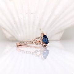 Blue Ceylon Sapphire Ring w Earth Mined Diamonds in Solid 14k Rose Gold Pear 6x4