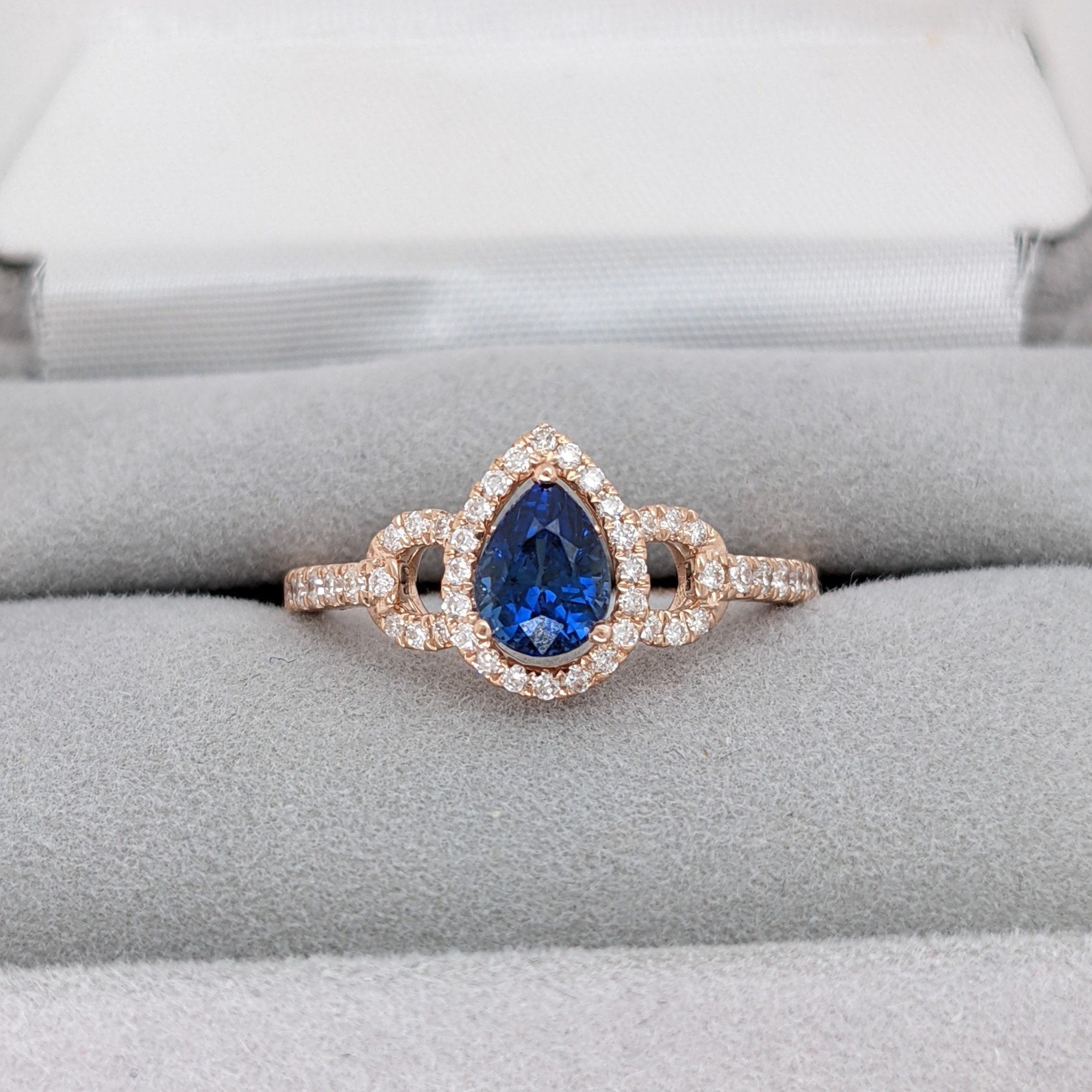 Modern Blue Ceylon Sapphire Ring w Earth Mined Diamonds in Solid 14k Rose Gold Pear 6x4 For Sale