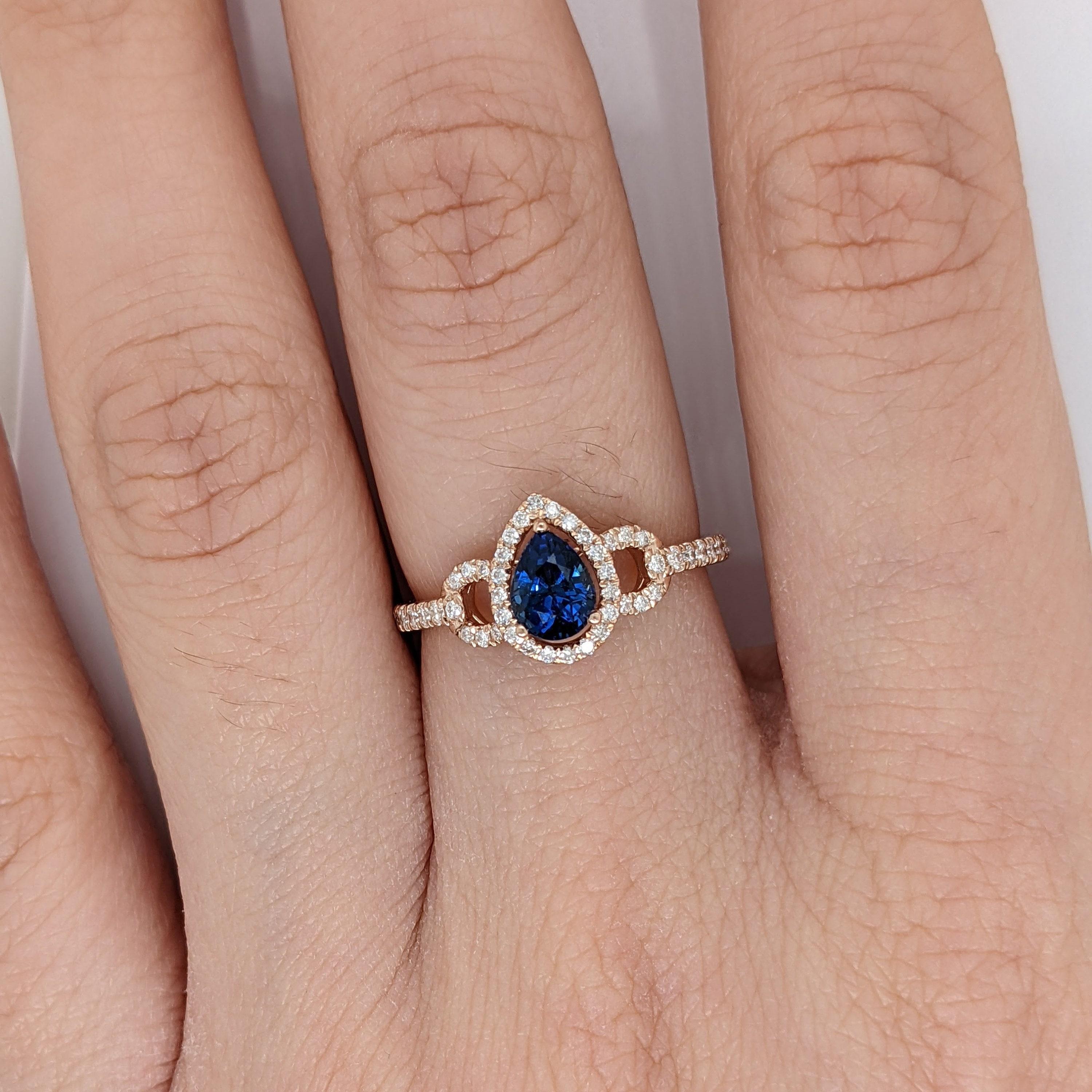 Pear Cut Blue Ceylon Sapphire Ring w Earth Mined Diamonds in Solid 14k Rose Gold Pear 6x4 For Sale