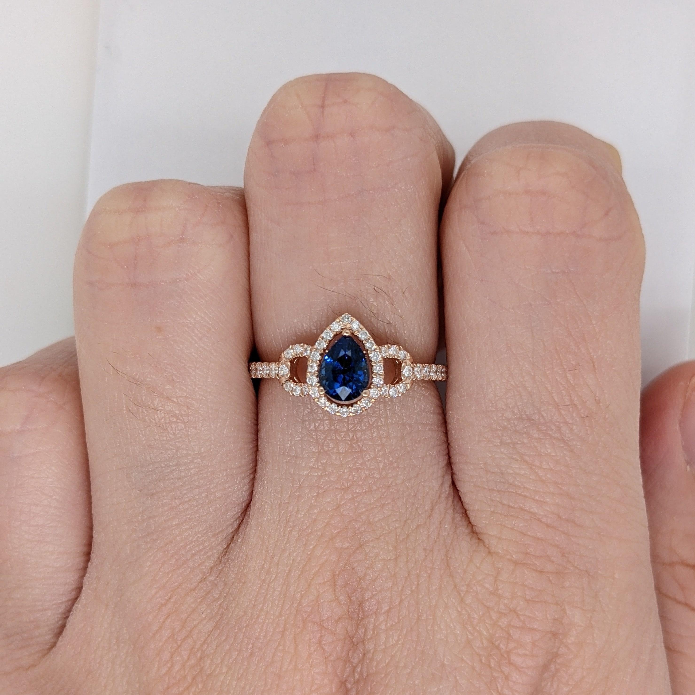 Blue Ceylon Sapphire Ring w Earth Mined Diamonds in Solid 14k Rose Gold Pear 6x4 In New Condition For Sale In Columbus, OH