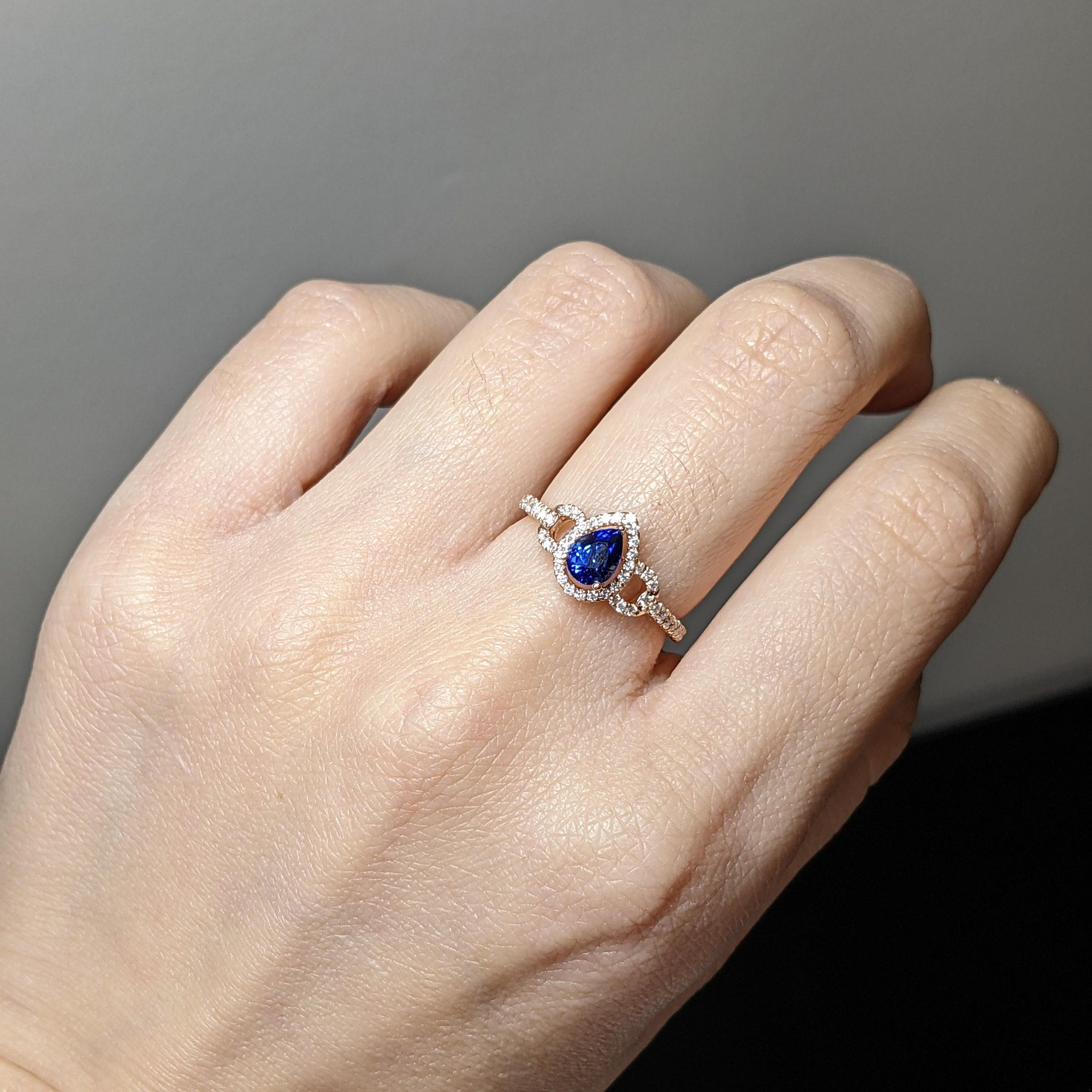 Women's Blue Ceylon Sapphire Ring w Earth Mined Diamonds in Solid 14k Rose Gold Pear 6x4 For Sale