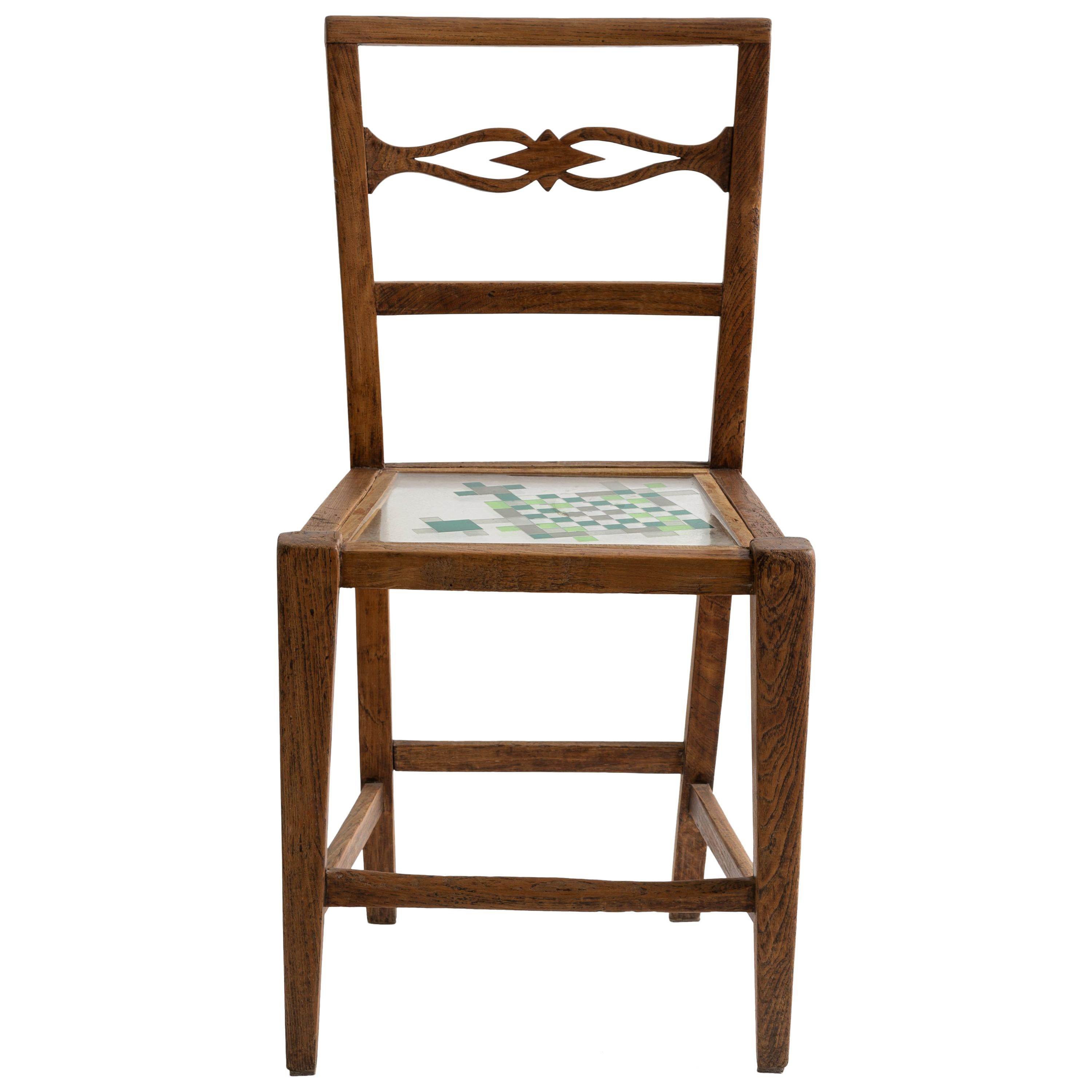 Chaise bleue en bois de châtaignier avec assise en mosaïque par Hillsideout en vente