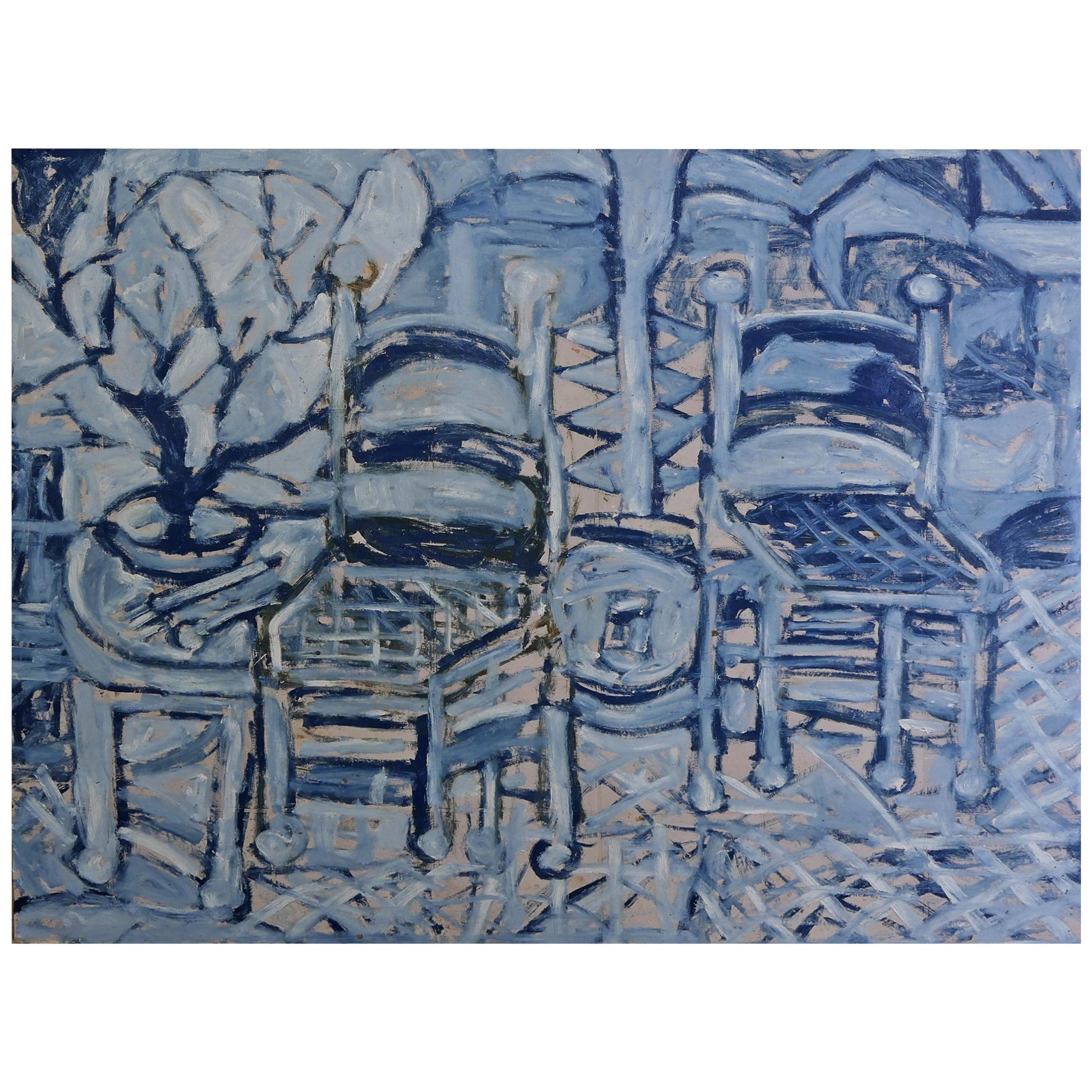 Blue Chairs Mixed-Media Modern Painting Oil on Linen Abstract Expressionism