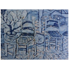 Chaises bleues Peinture technique mixte moderne huile sur lin expressionnisme abstrait