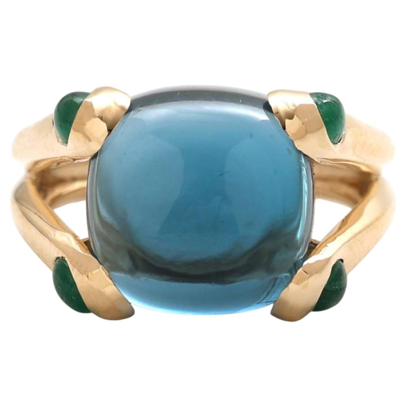 Anillo de calcedonia azul y esmeralda con corte cojín de 14,07 ct en oro amarillo de 14K