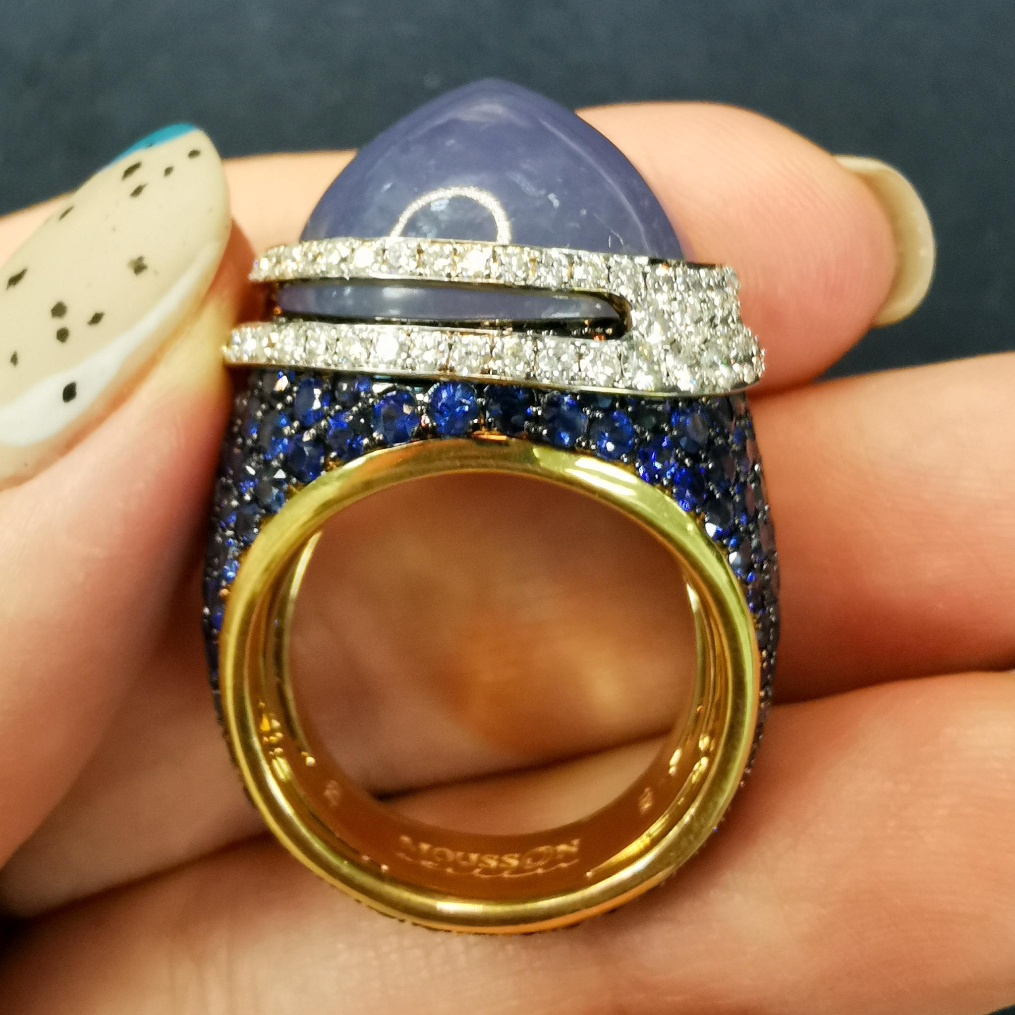 Blauer Chalcedon 24,47 Karat Saphire Diamanten 18 Karat Gold Fuji Ring (Cabochon) im Angebot