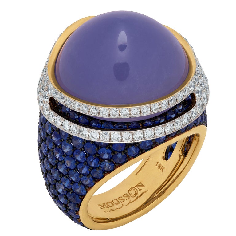 Blue Chalcedony 24.47 Carat Sapphires Diamonds 18 Karat Gold Fuji Ring For Sale
