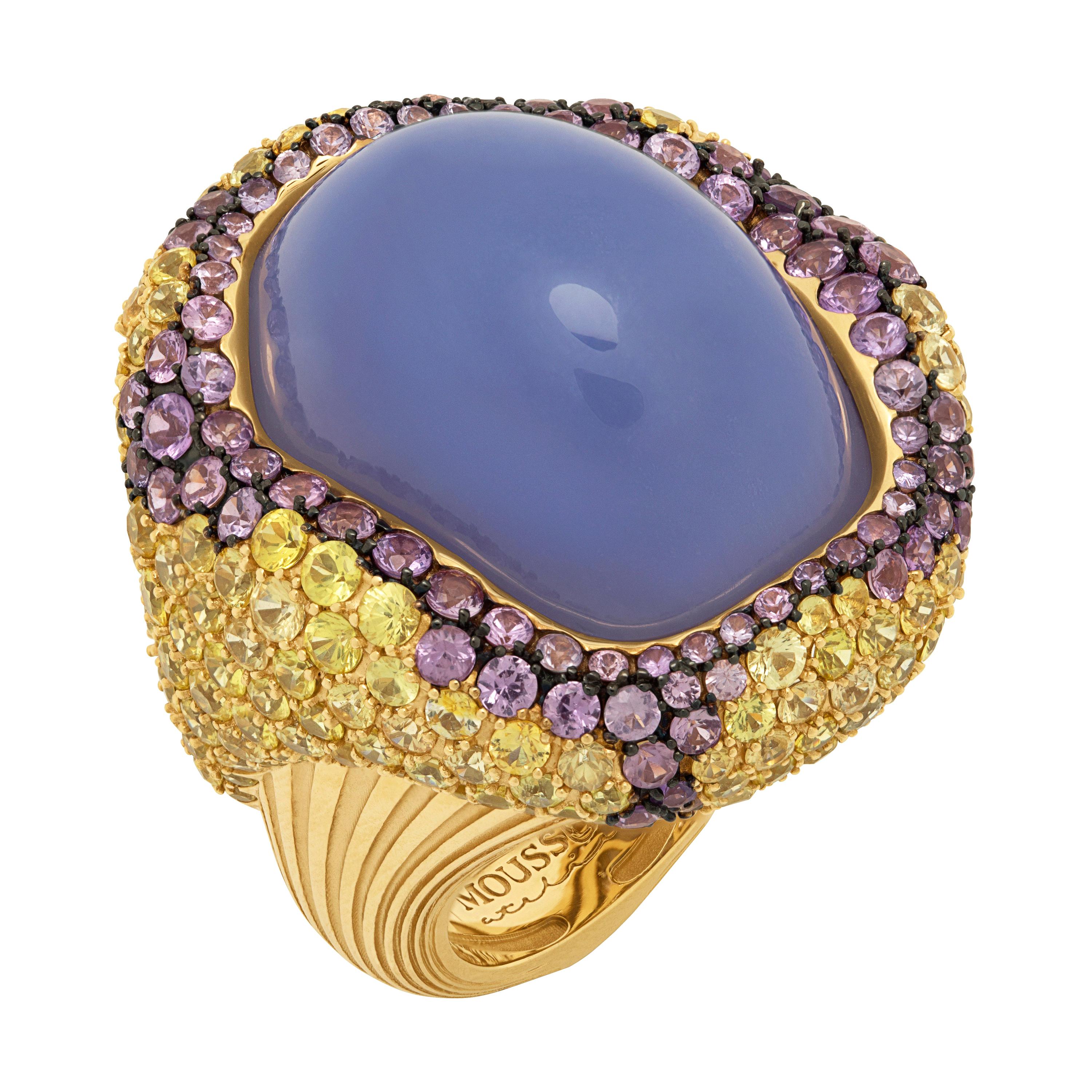 Blue Chalcedony 32.10 Carat Yellow Purple Sapphires 18 Karat Yellow Gold Ring For Sale