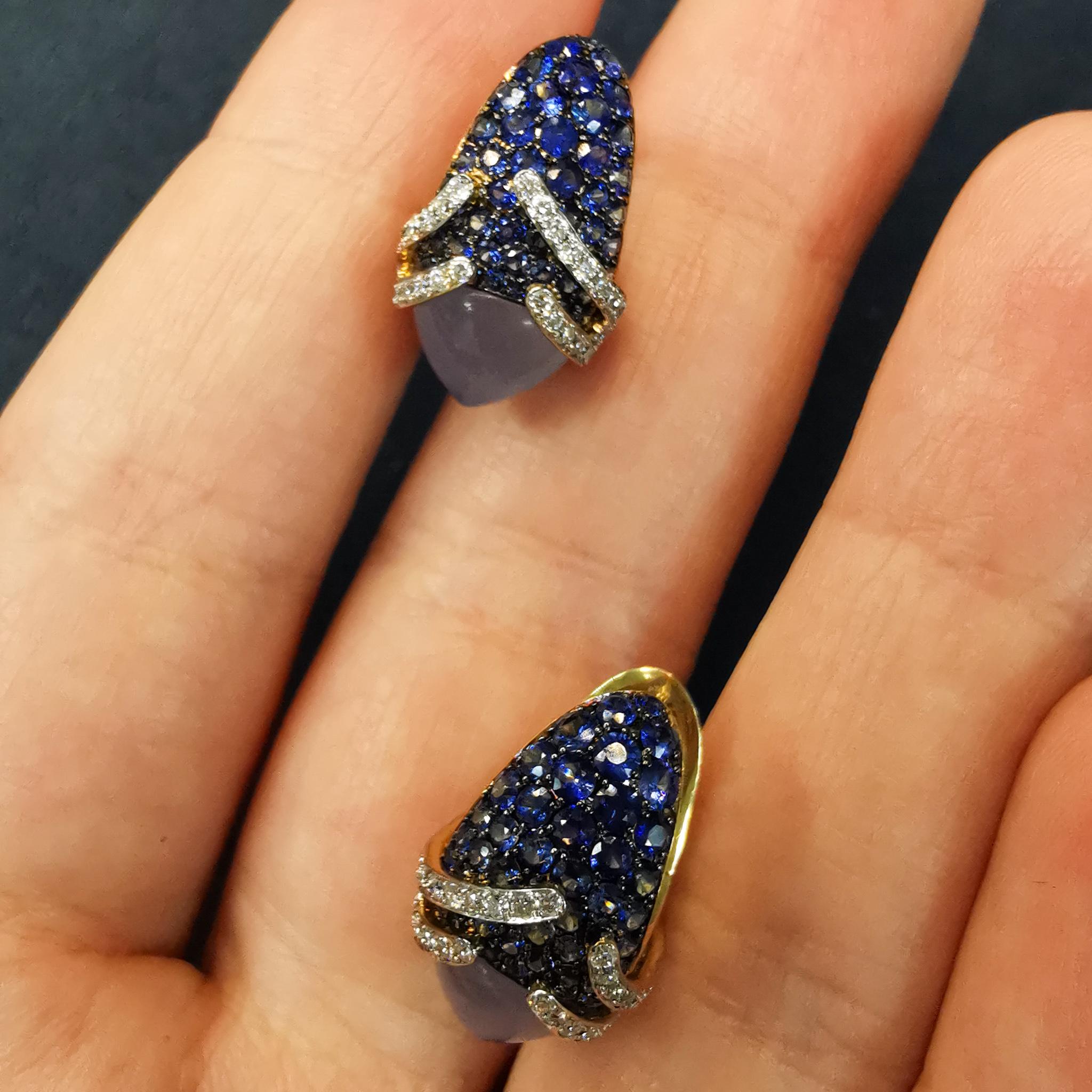 Contemporary Blue Chalcedony 5.29 Carat Sapphires Diamonds 18 Karat Gold Fuji Earrings For Sale